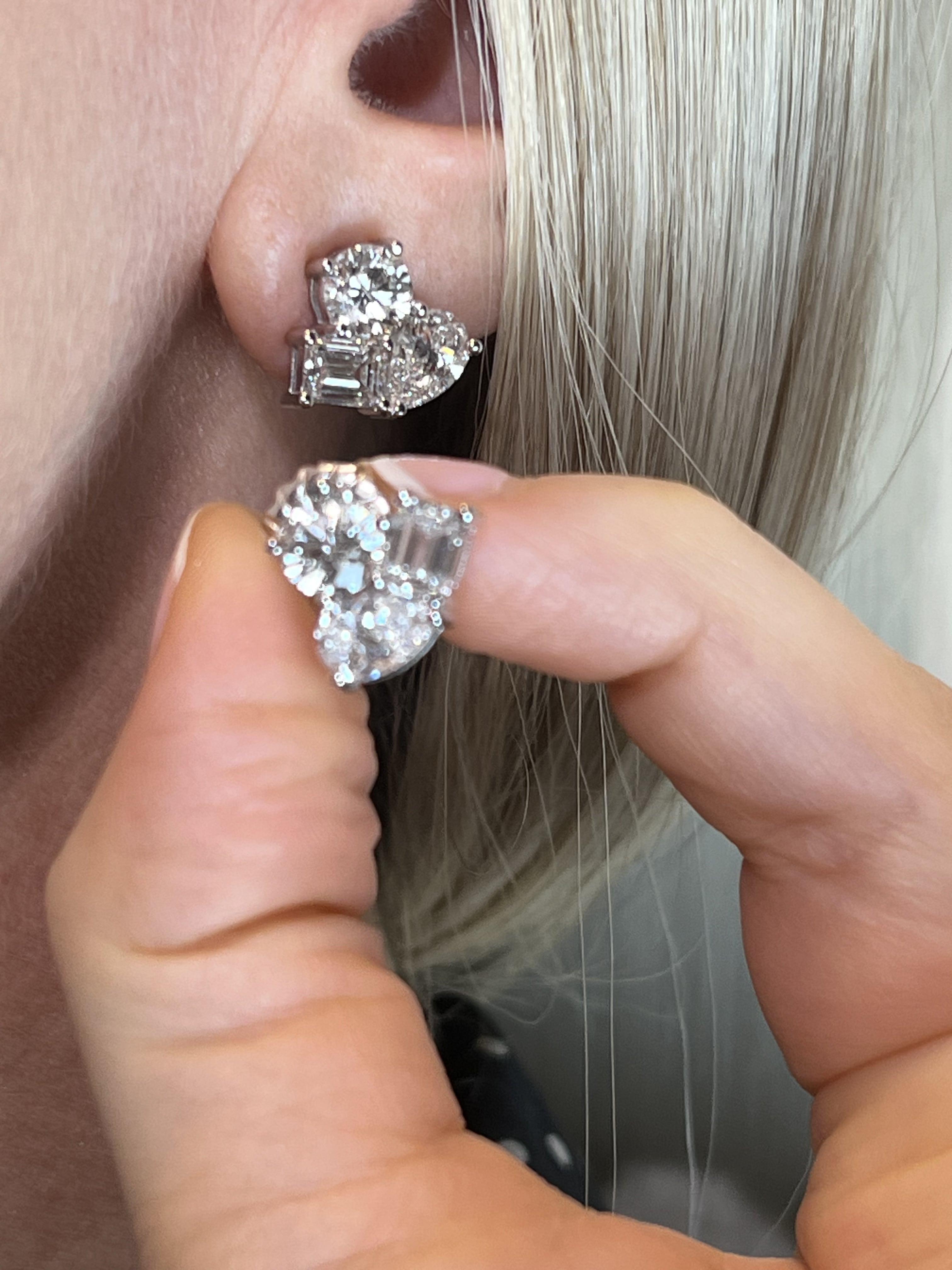 Round Cut Multi Cut Diamond 18K White Gold Heart Stud Earrings For Sale