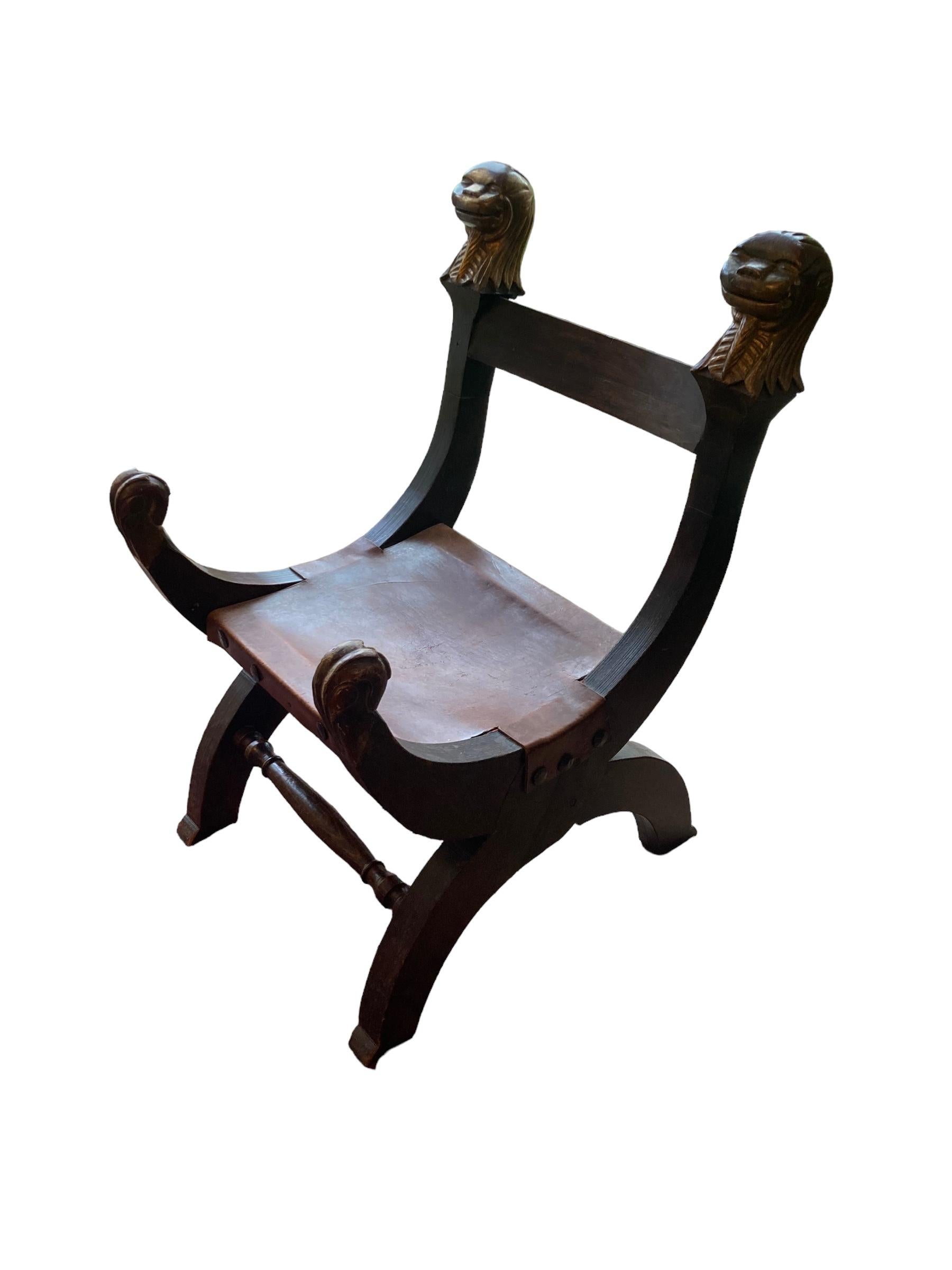 Exotic Oak Mexican Monkey Chair with original leather seating. U shaped frame giving this unusual and rare piece a Savonarola look with its medieval style. It has gilt wood Monkey head finials with oversised iron tacks on the leather seat.

H: 90