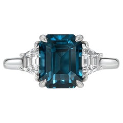 Exotic Ceylon Teal Sapphire Platinum Cocktail Ring - Trapezoid Diamond Accents