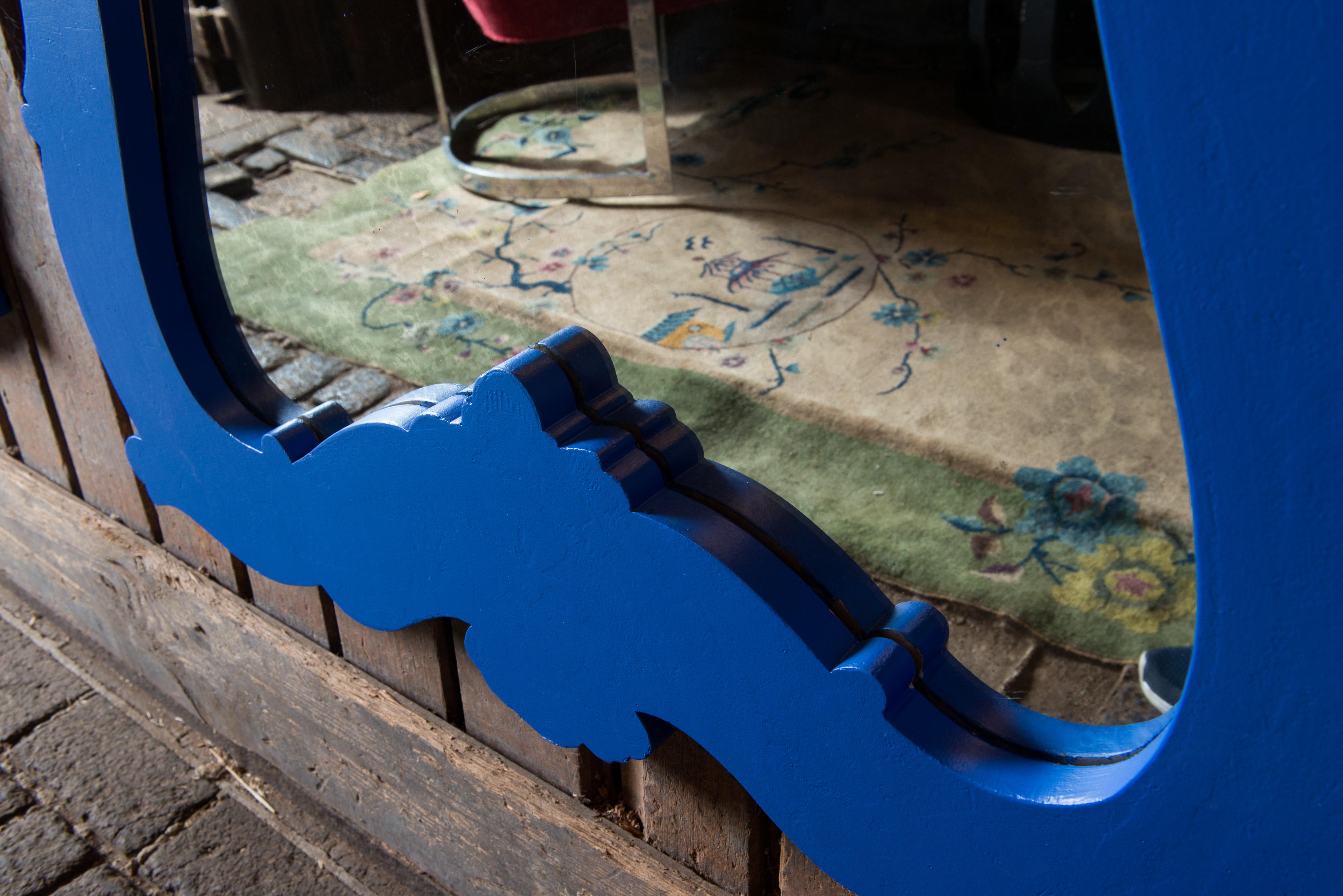 Two Chinoiserie or Moroccan Blue Painted Wood Framed Mirrors For Sale 5