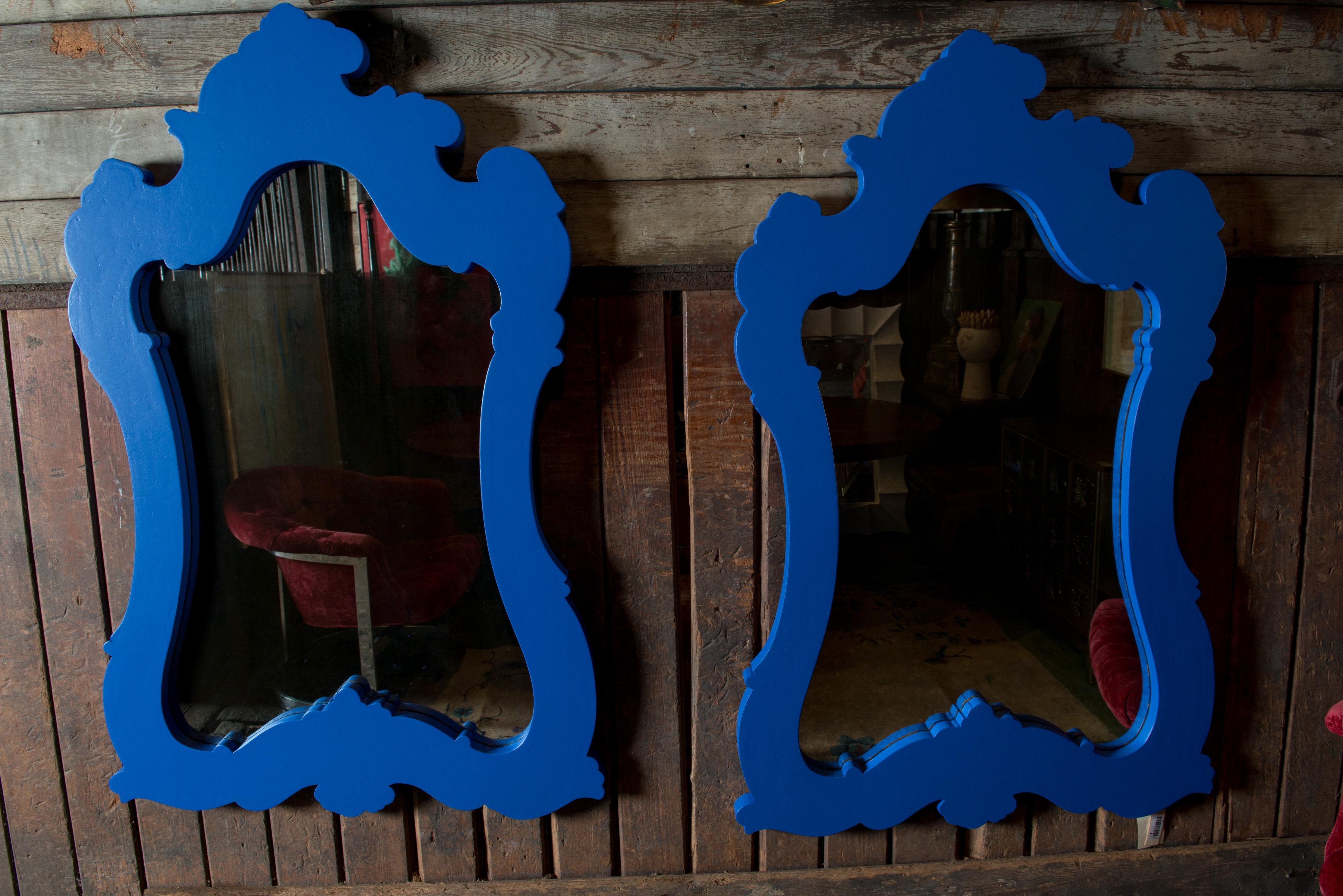 American Two Chinoiserie or Moroccan Blue Painted Wood Framed Mirrors For Sale