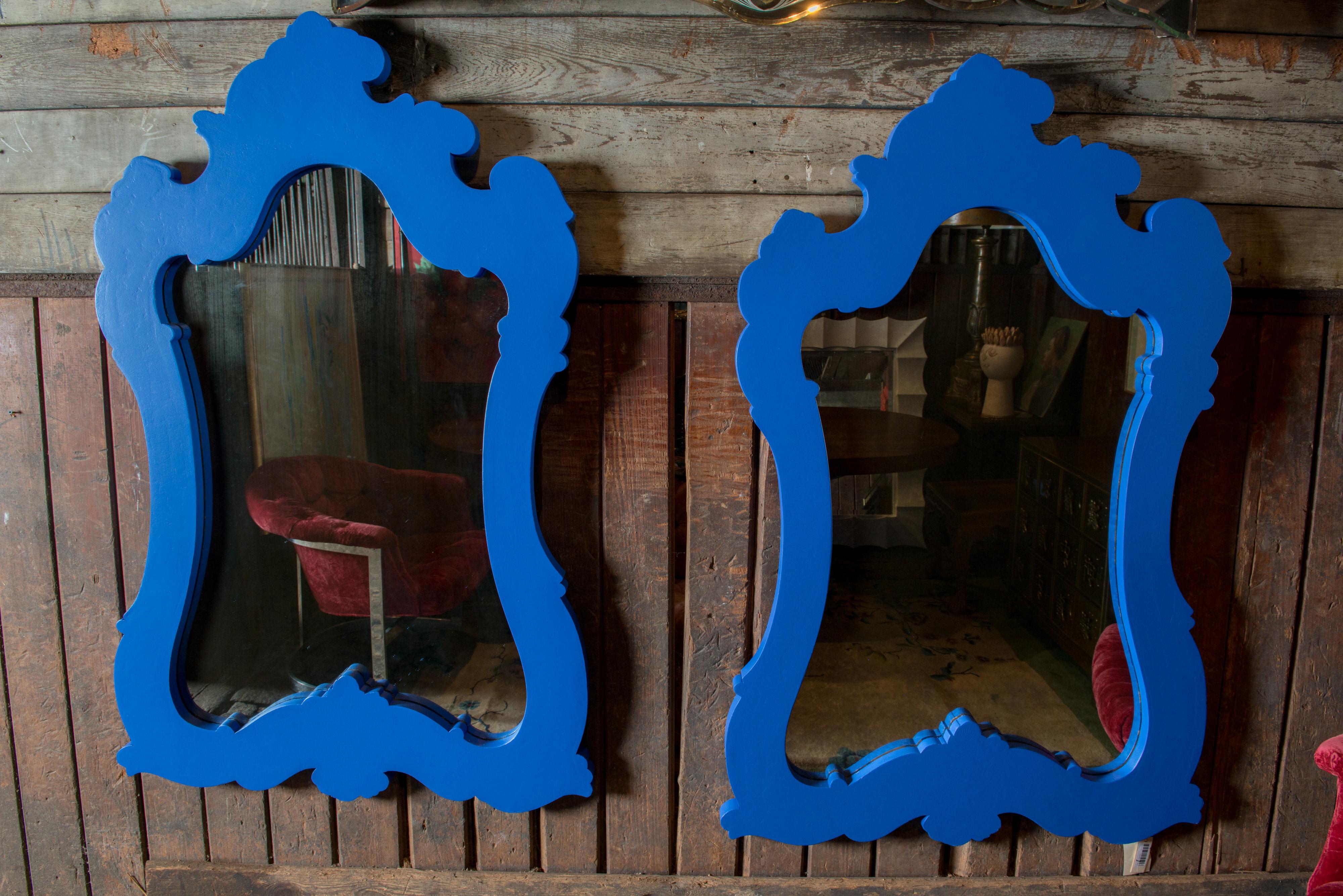 Two Chinoiserie or Moroccan Blue Painted Wood Framed Mirrors In Good Condition For Sale In Stamford, CT