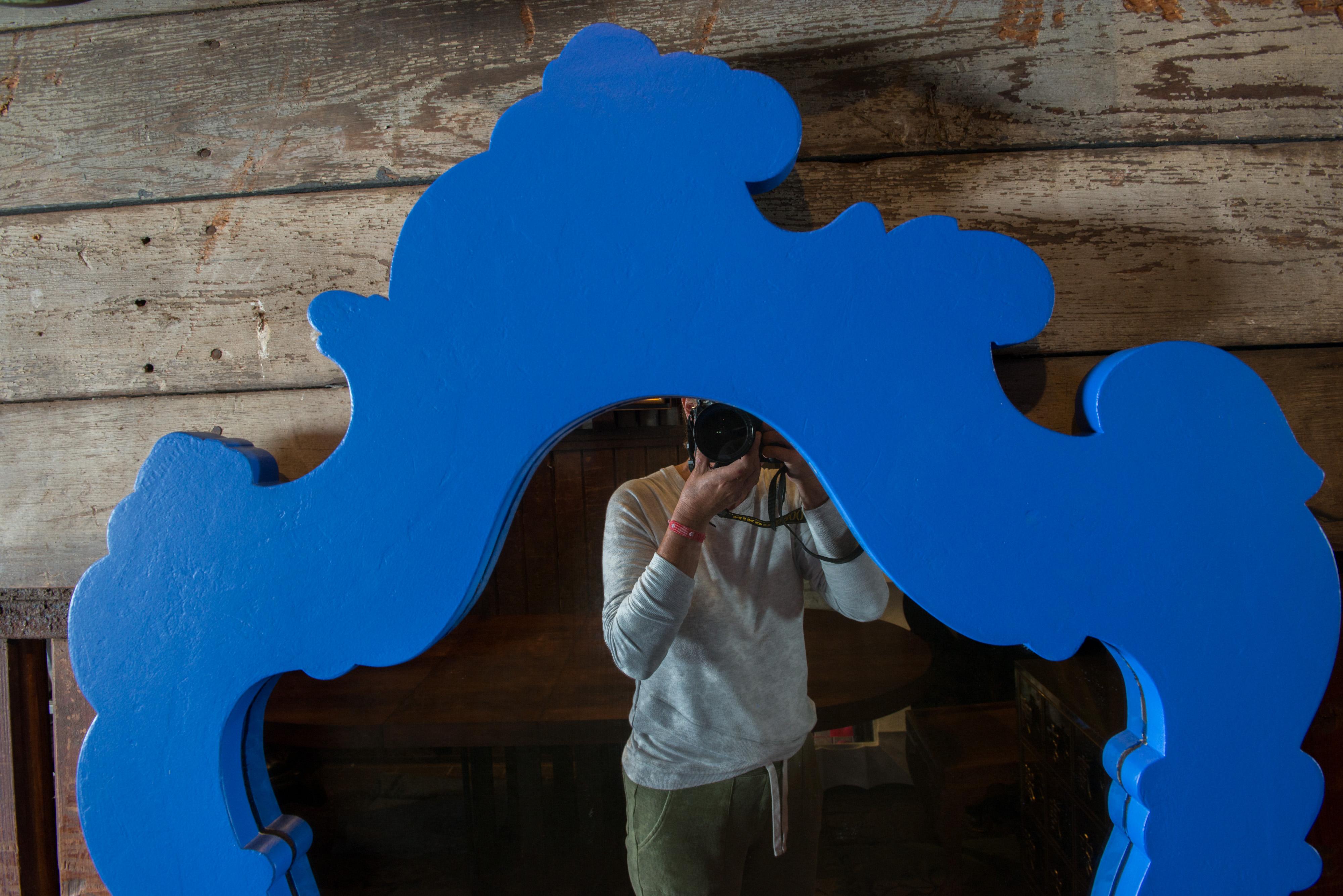 Late 20th Century Two Chinoiserie or Moroccan Blue Painted Wood Framed Mirrors For Sale