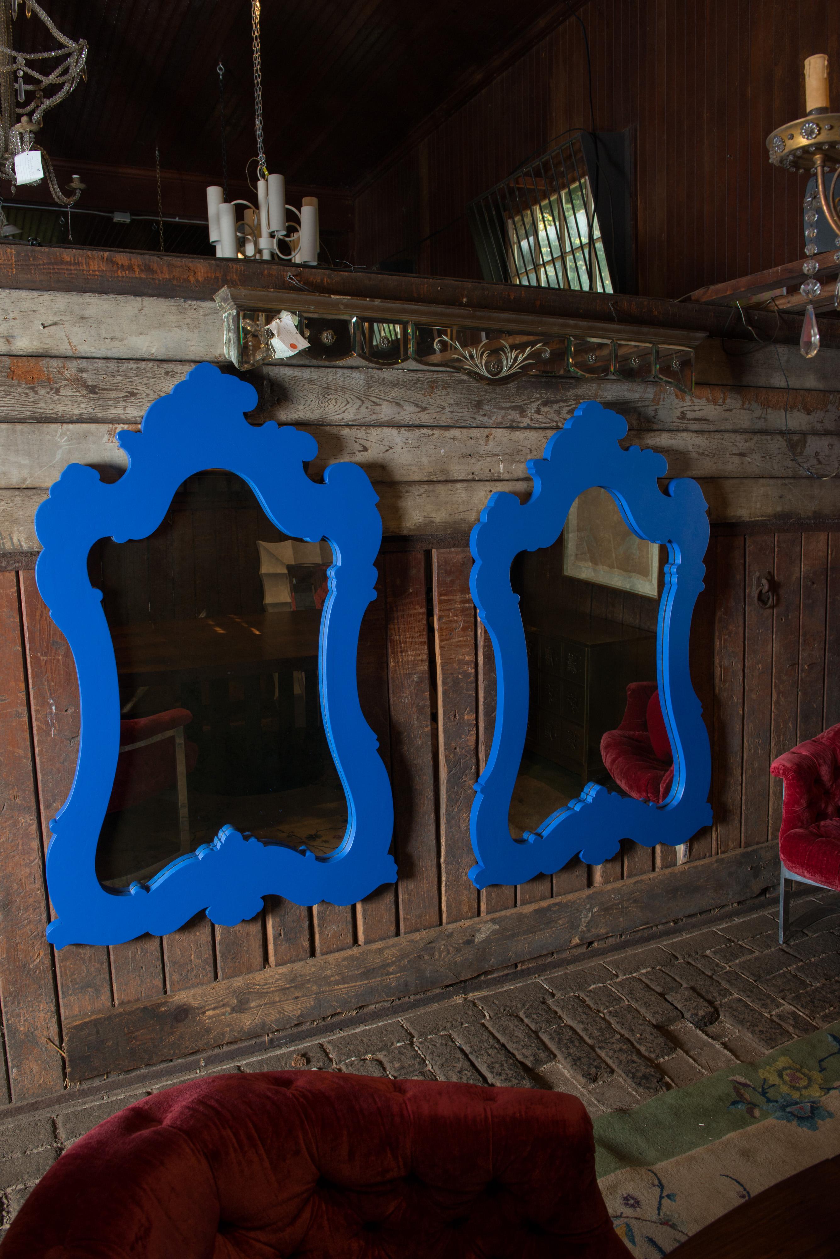 Two Chinoiserie or Moroccan Blue Painted Wood Framed Mirrors For Sale 3