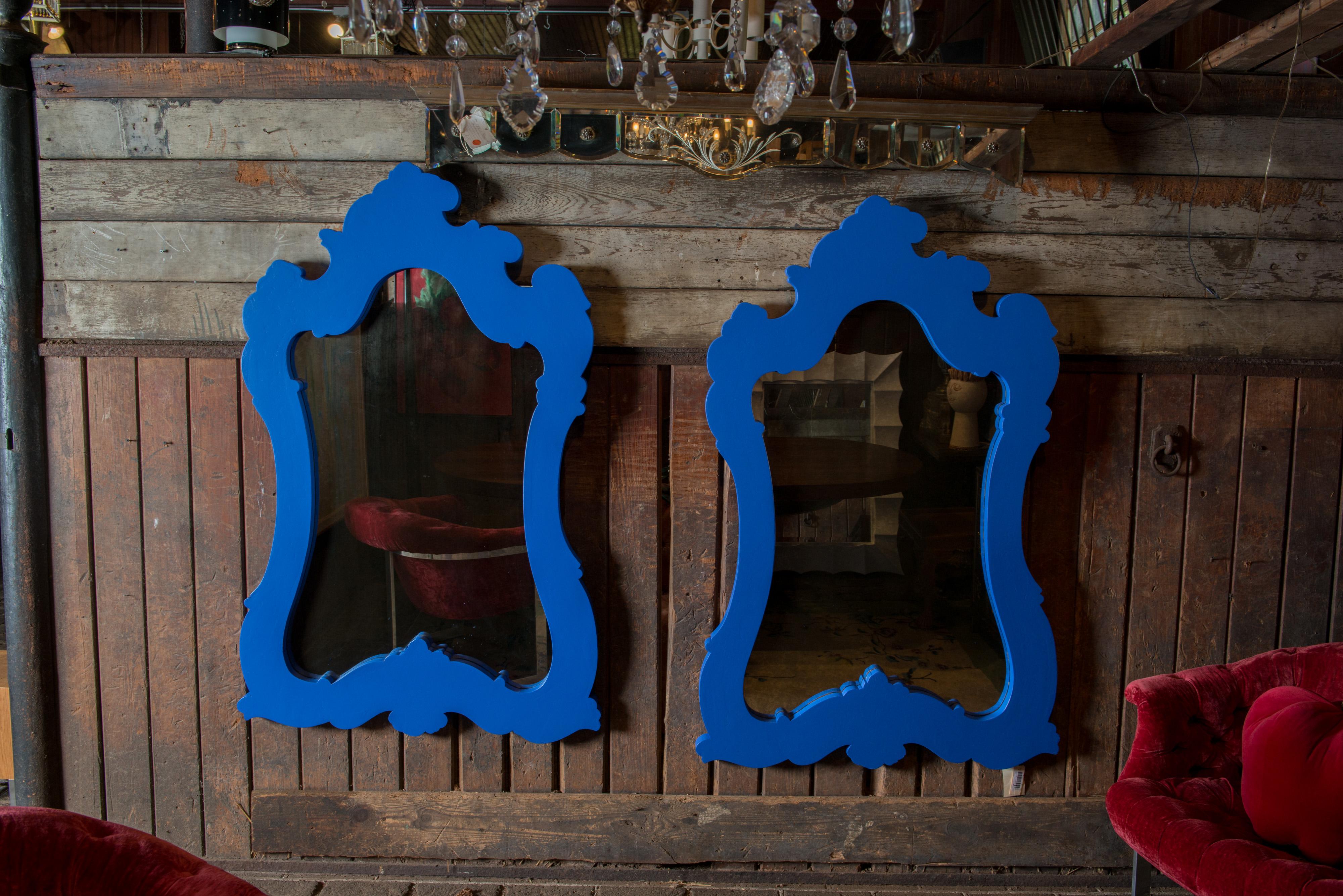 Two Chinoiserie or Moroccan Blue Painted Wood Framed Mirrors For Sale 4