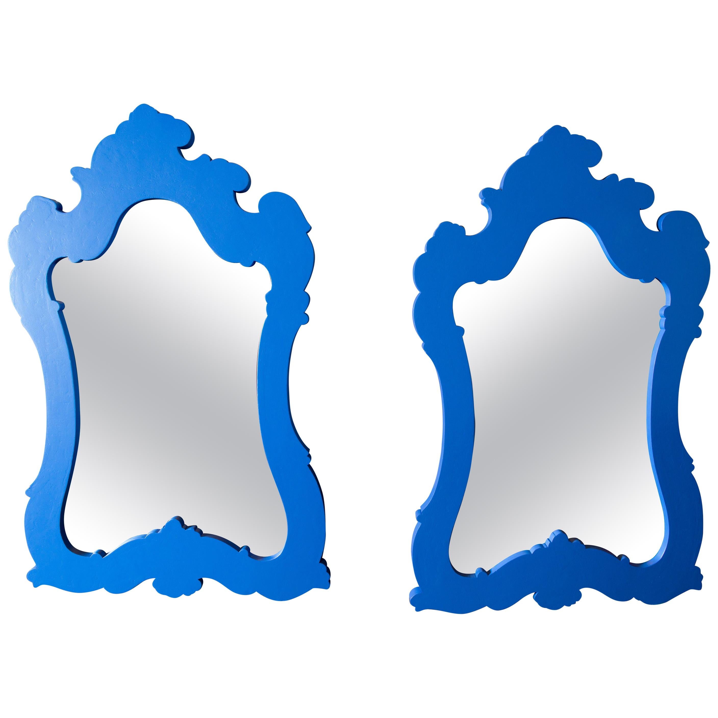 Two Chinoiserie or Moroccan Blue Painted Wood Framed Mirrors For Sale