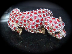 Exotic Crystal Red Enamel Hinged Leopard Cuff Bracelet c 1980s