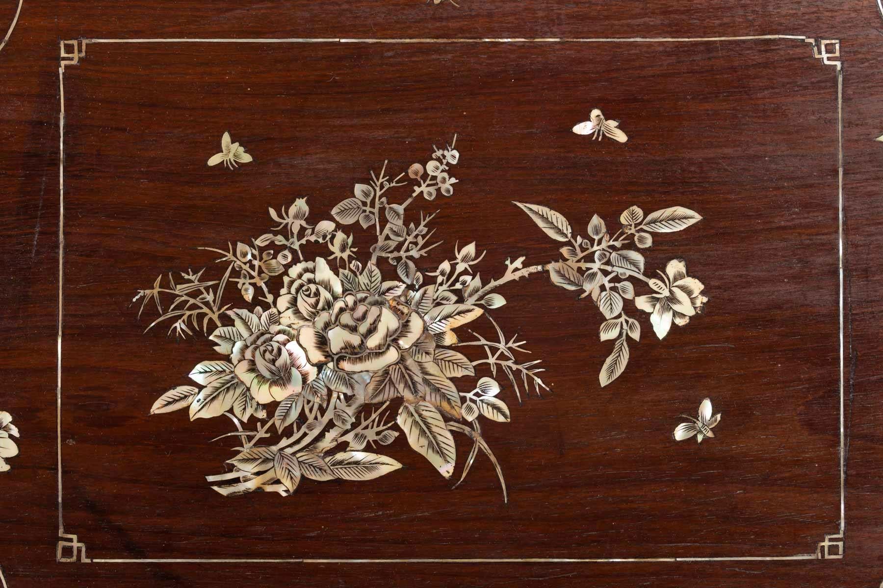 Asian Exotic Dark Wood Rectangular Tray Inlaid with Mother of Pearl Floral Designs