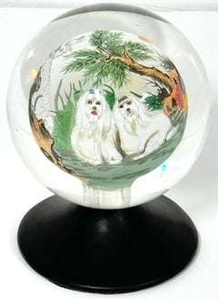 Exotic Dogs in Landscape Motif Reverse Painted Glass Newel Post