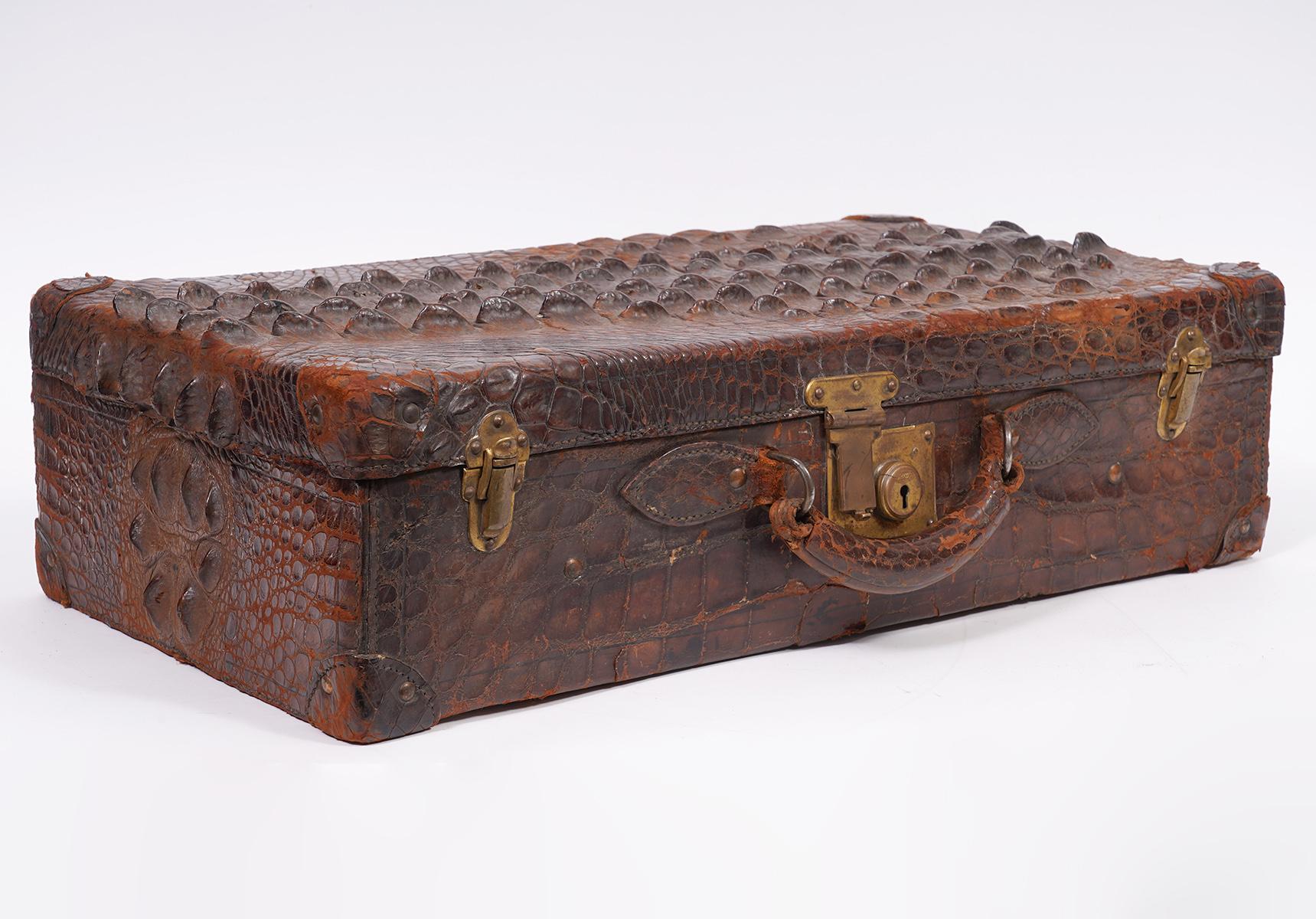 Colonial Revival Exotic Early Horn Back Alligator or Crocodile Small Suitcase or Briefcase