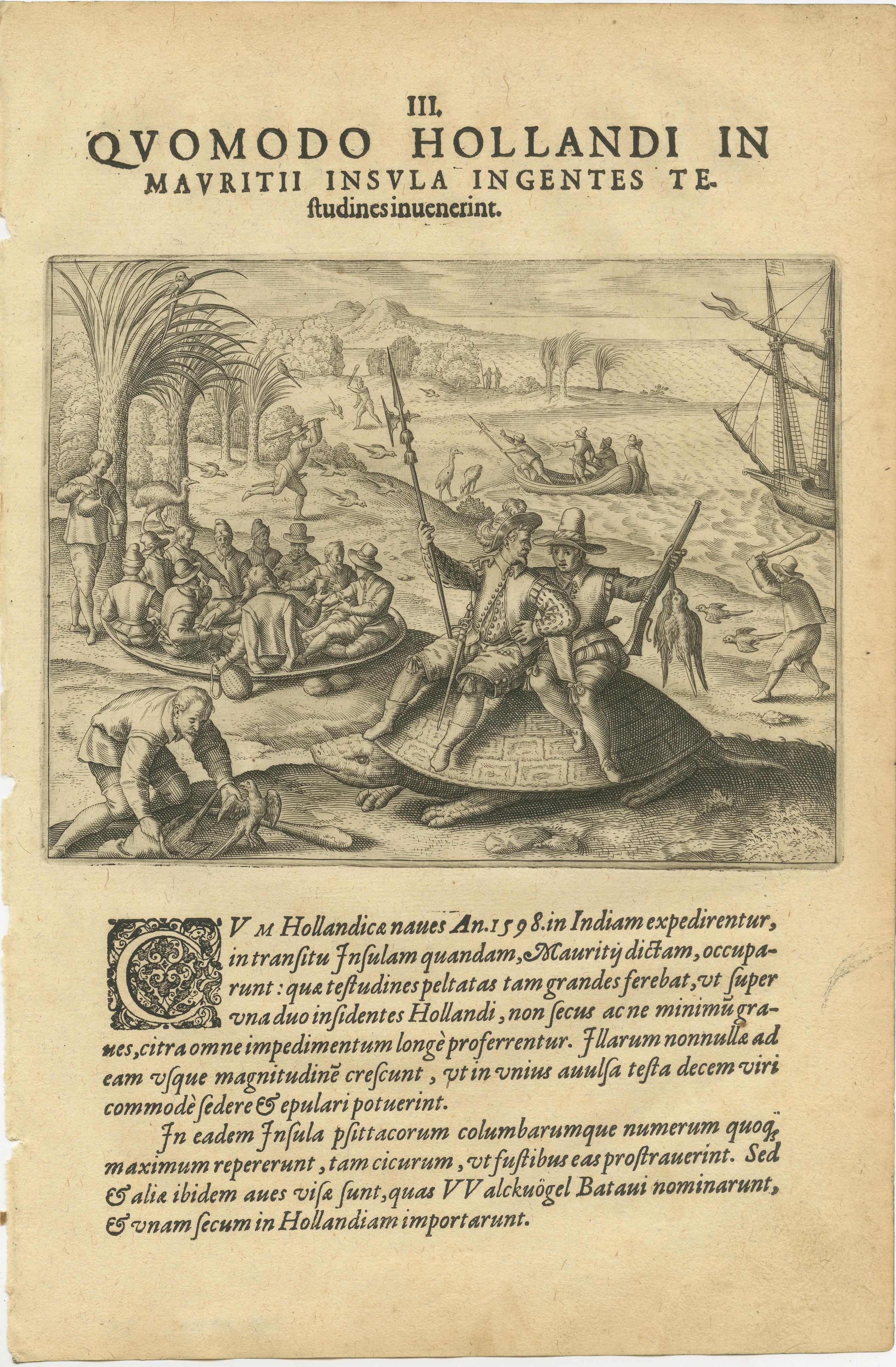 Engraved Exotic Encounters: Giant Crabs, Tortoises, Whales, and Cockfights - De Bry, 1598 For Sale