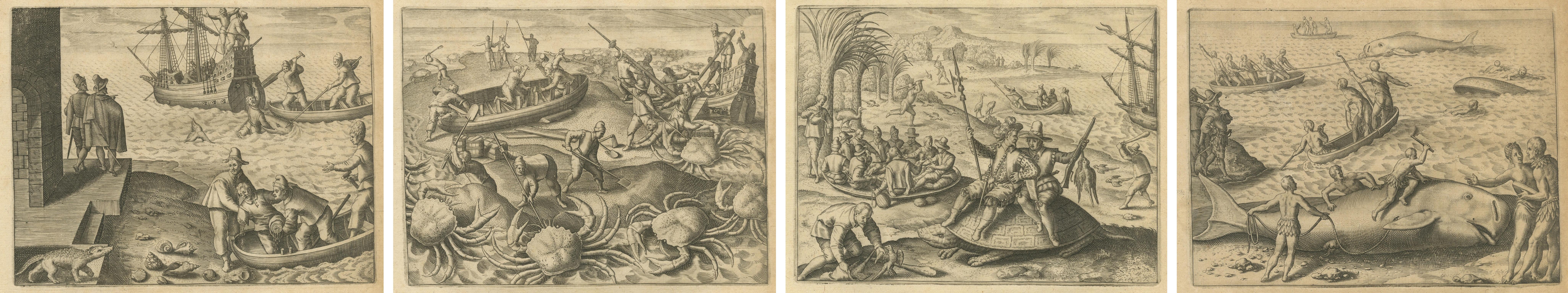 18th Century and Earlier Exotic Encounters: Giant Crabs, Tortoises, Whales, and Cockfights - De Bry, 1598 For Sale