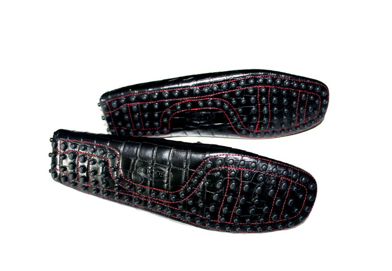 NEW Tod's for Ferrari Black Gommino Moccasins Loafers Alligator