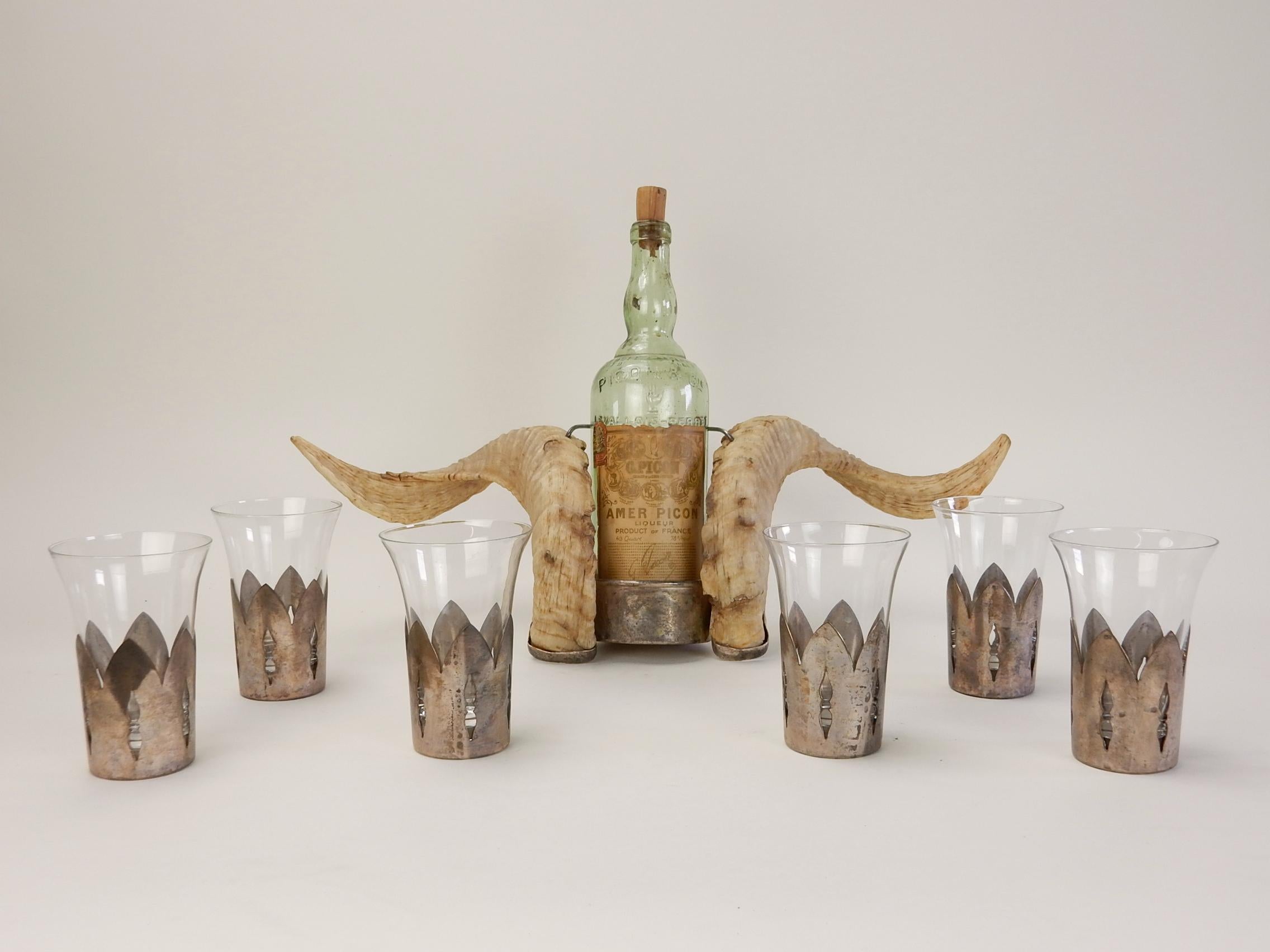Art Deco Exotic French Basque Ram Horn and Silver Barware Set For Sale