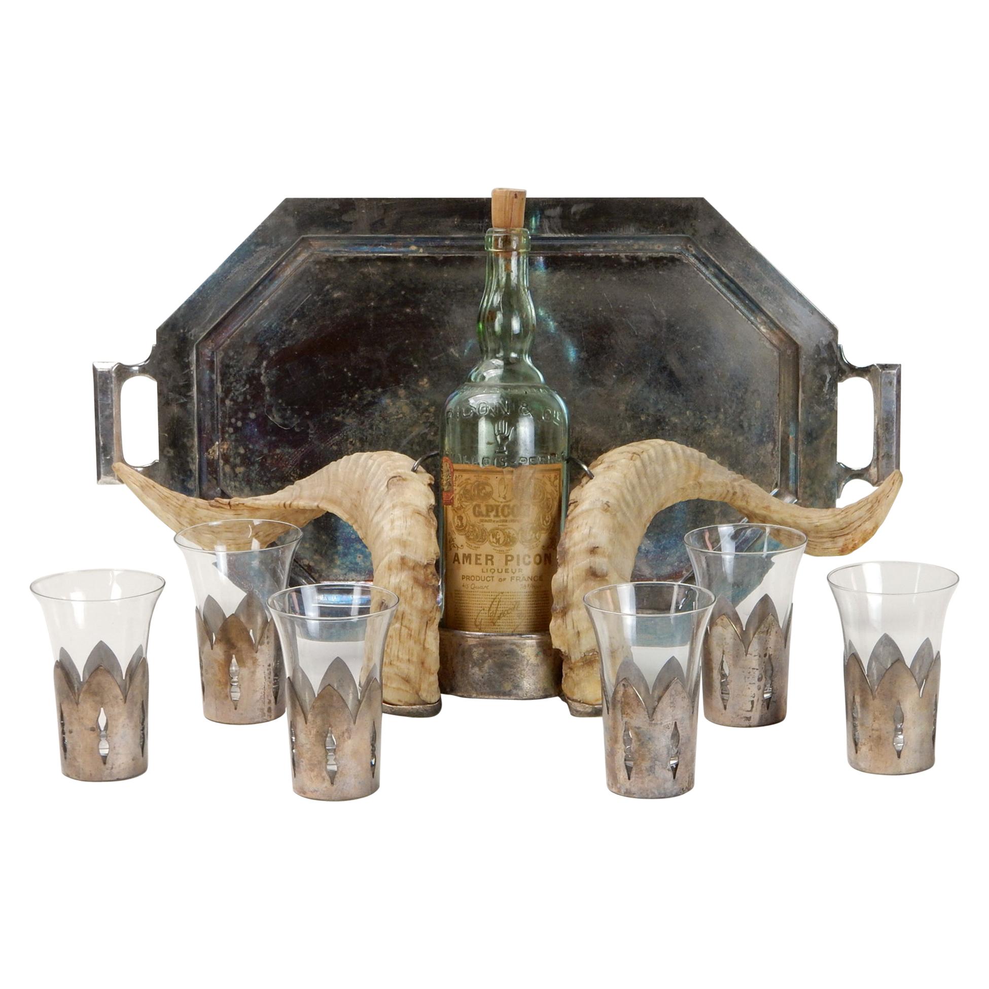 Exotic French Basque Ram Horn and Silver Barware Set For Sale