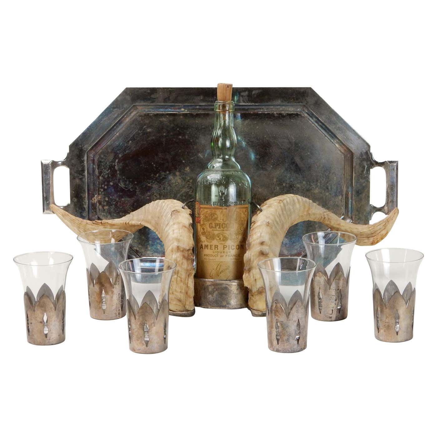 Exotic French Basque Ram Horn and Silver Barware Set For Sale at 1stDibs