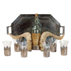 Used Exotic French Basque Ram Horn and Silver Barware Set