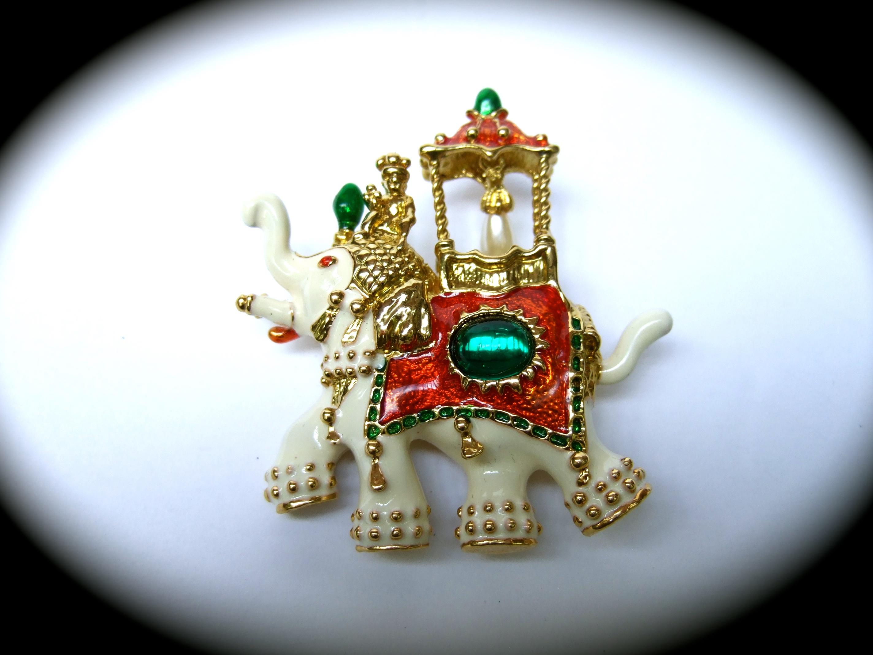 Exotic Gilt Metal Jeweled Enamel Elephant Brooch c 1990s For Sale 5