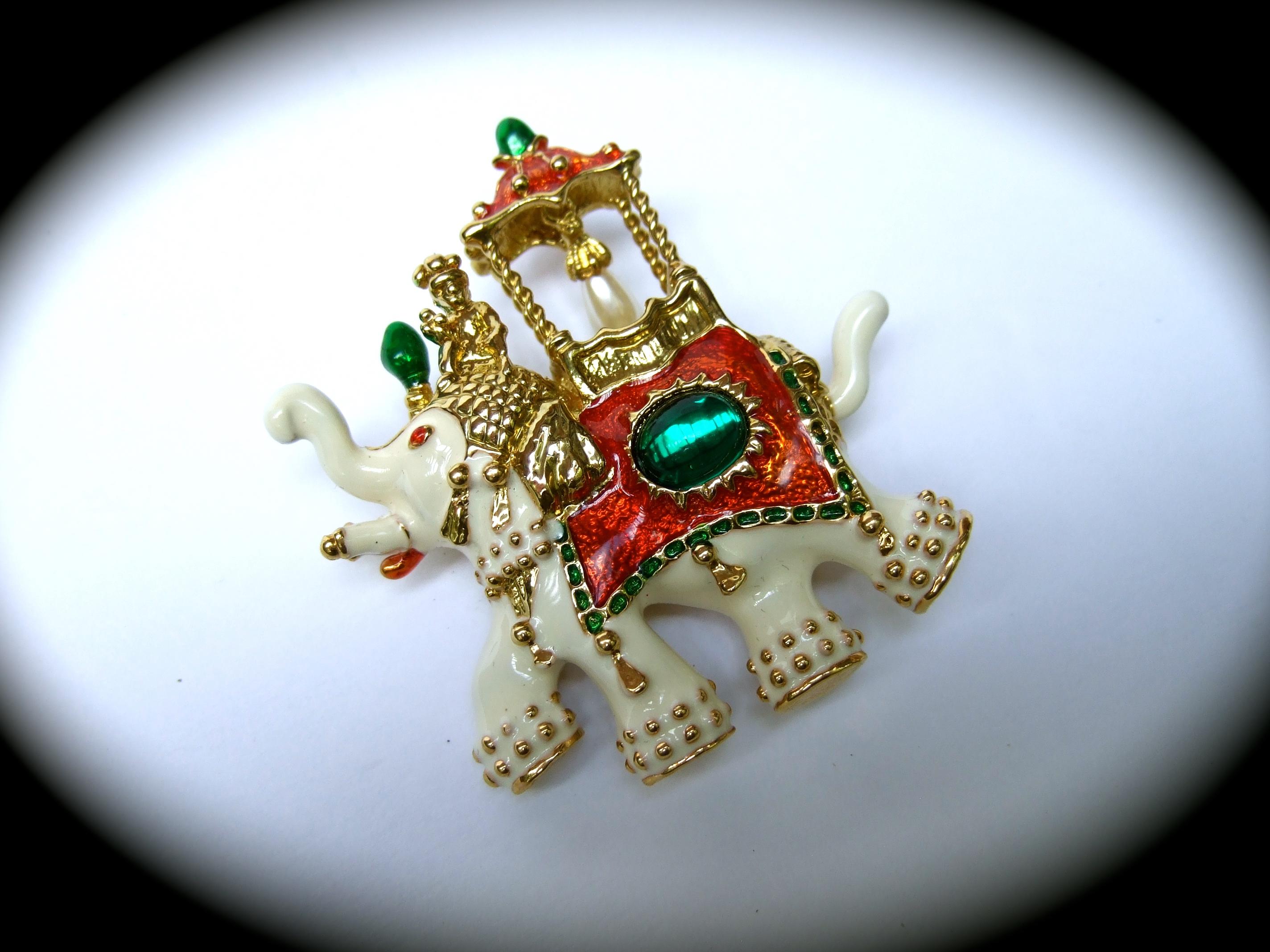 Exotic Gilt Metal Jeweled Enamel Elephant Brooch c 1990s For Sale 6