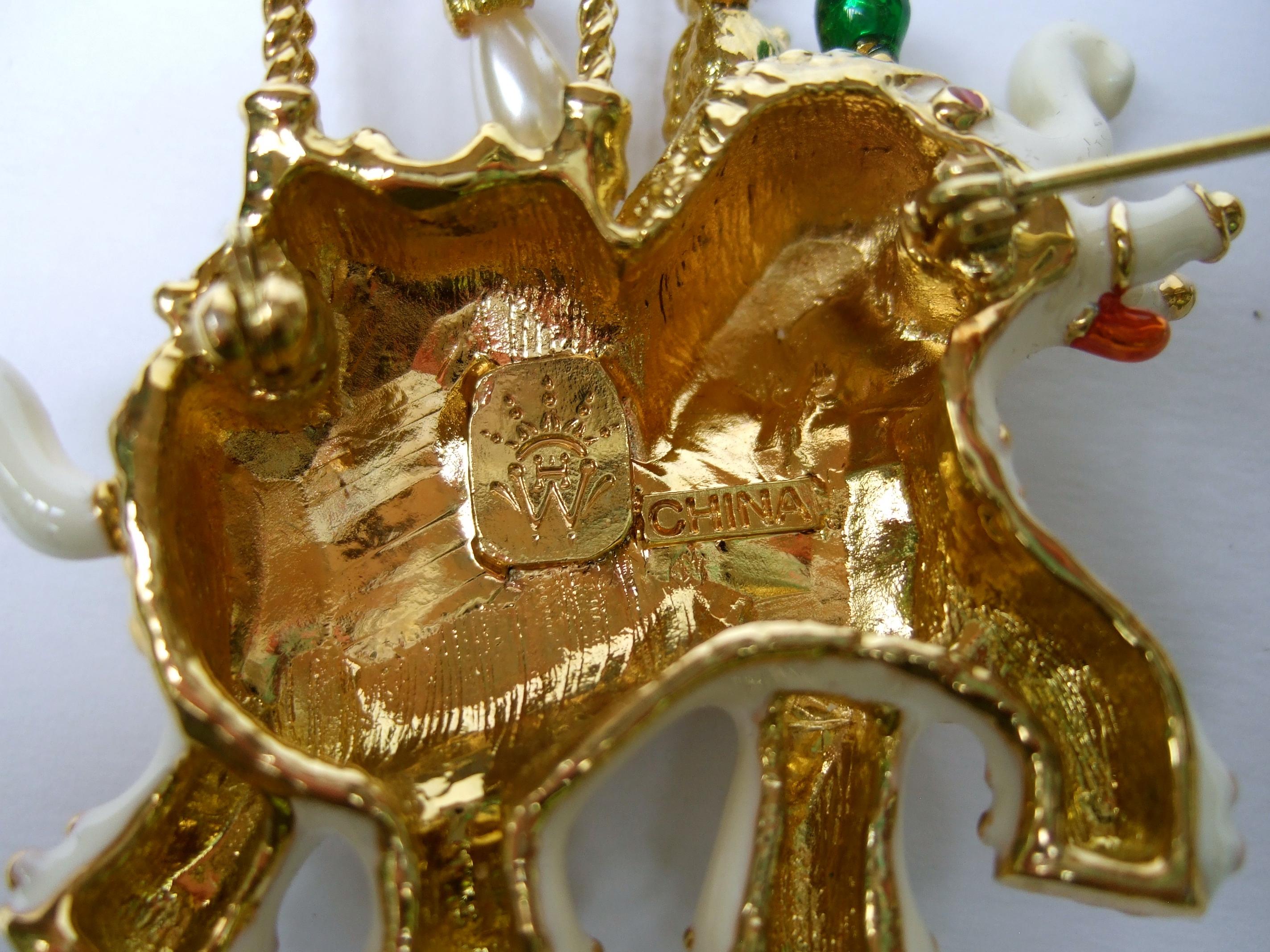 Exotic Gilt Metal Jeweled Enamel Elephant Brooch c 1990s For Sale 7