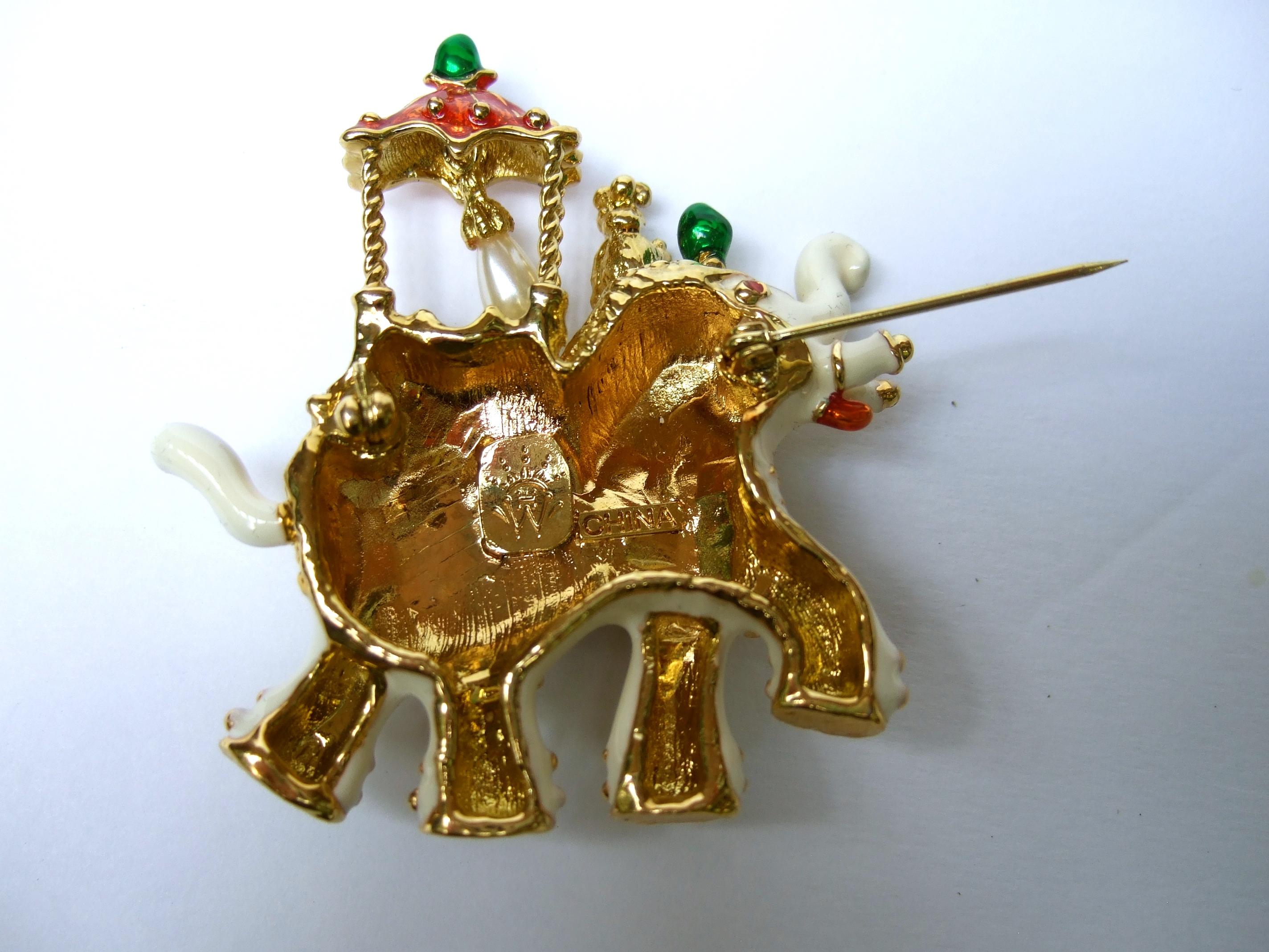 Exotic Gilt Metal Jeweled Enamel Elephant Brooch c 1990s For Sale 8