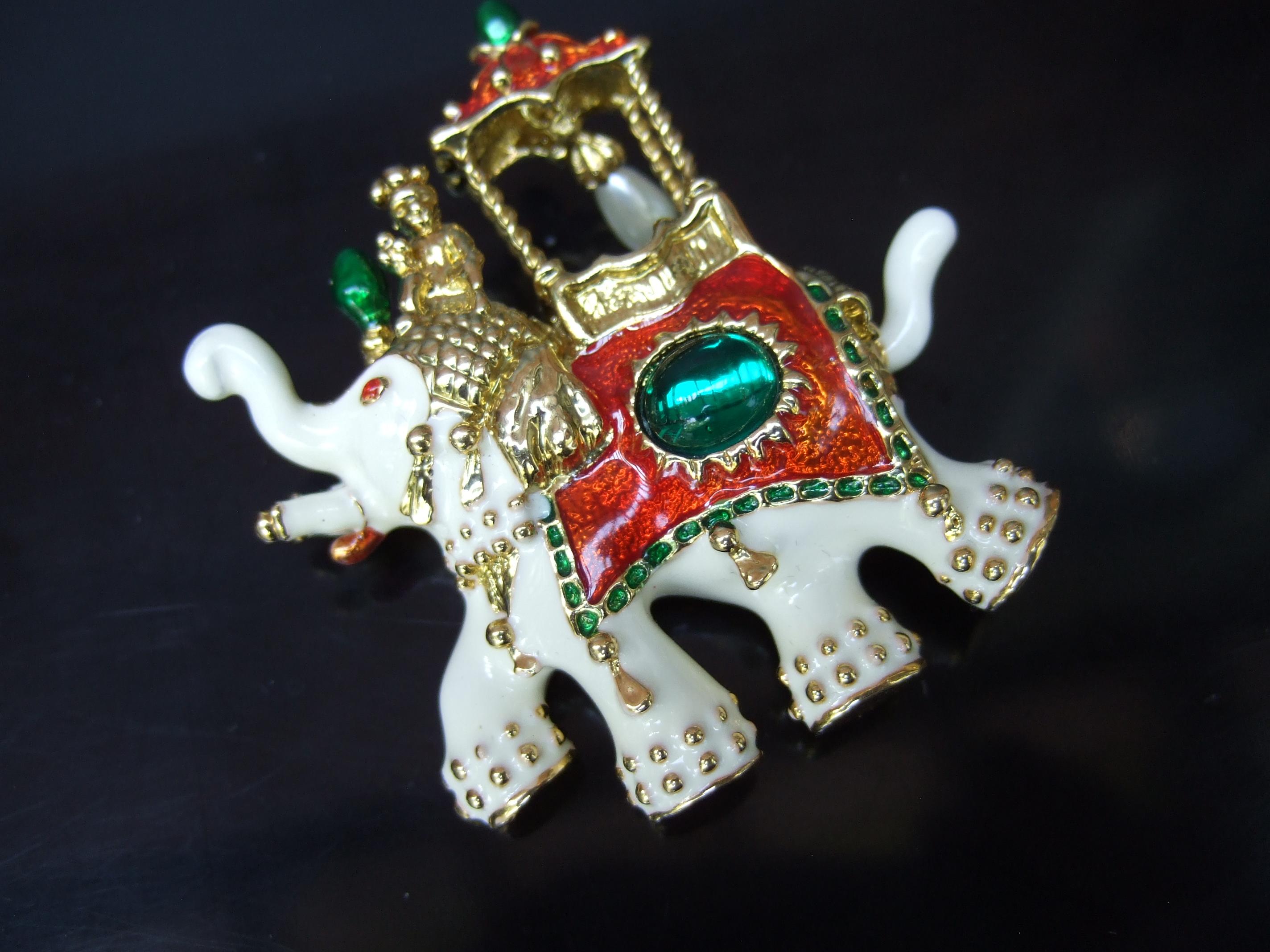 Modern Exotic Gilt Metal Jeweled Enamel Elephant Brooch c 1990s For Sale