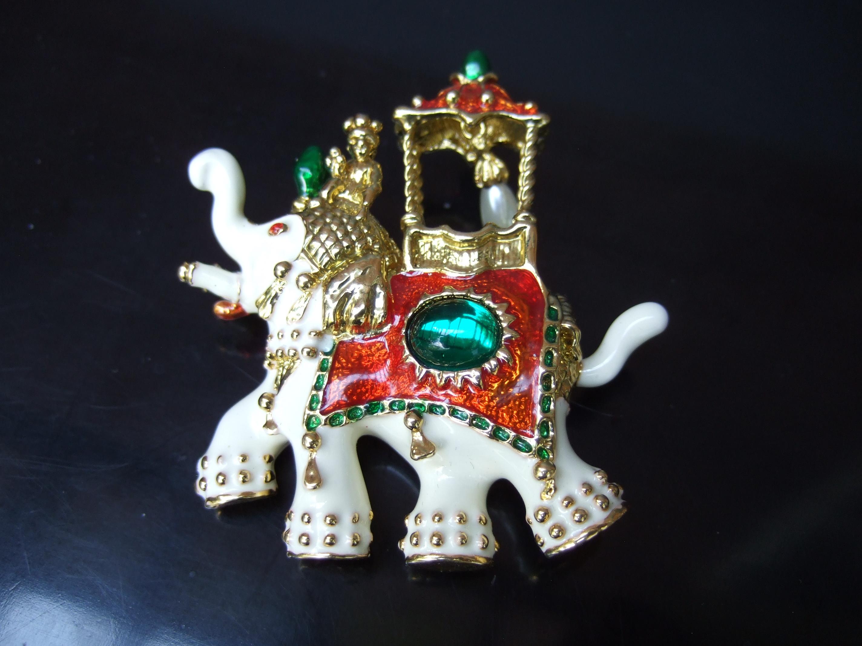 Exotic Gilt Metal Jeweled Enamel Elephant Brooch c 1990s In Good Condition For Sale In University City, MO