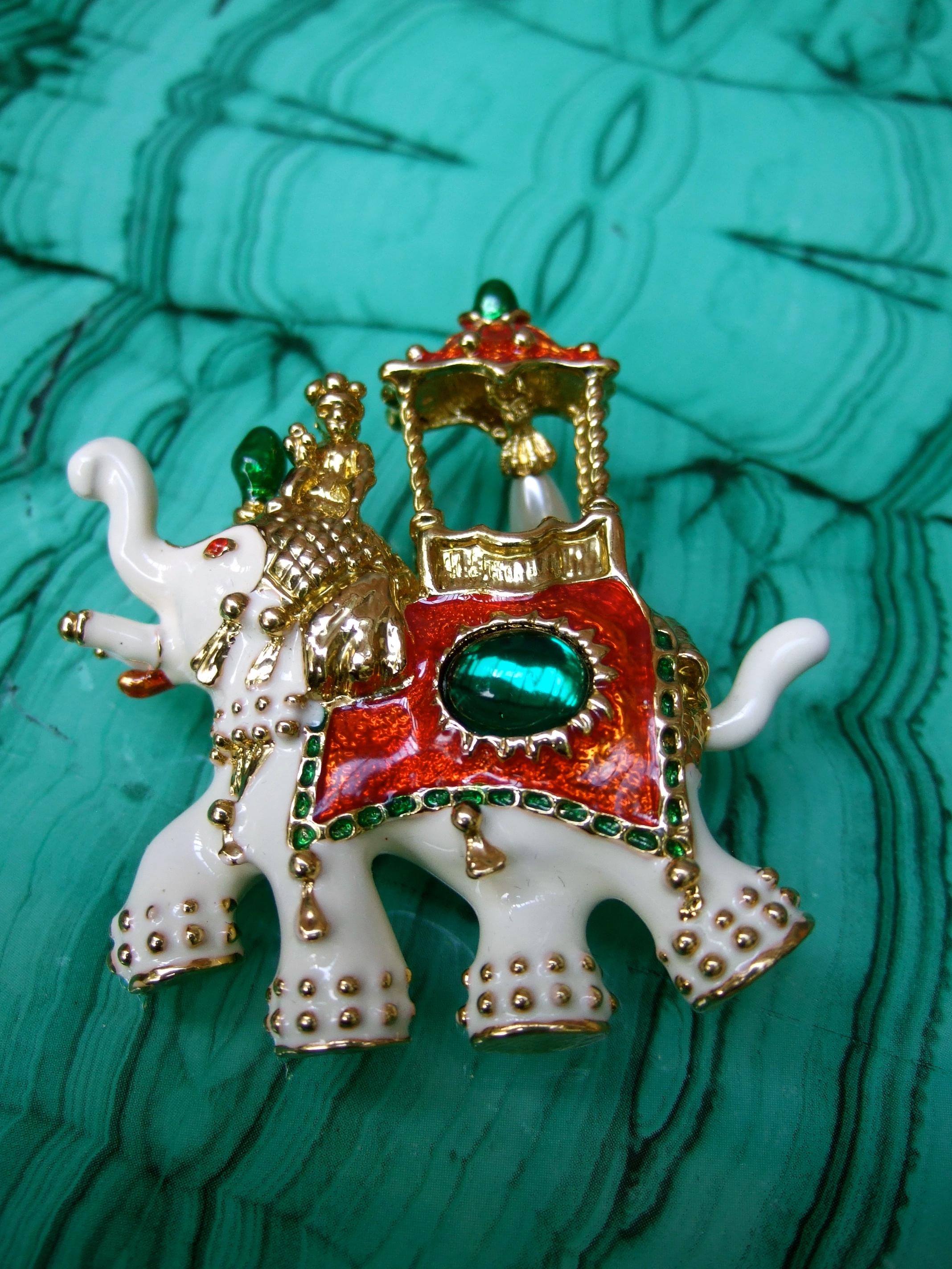 Women's Exotic Gilt Metal Jeweled Enamel Elephant Brooch c 1990s For Sale