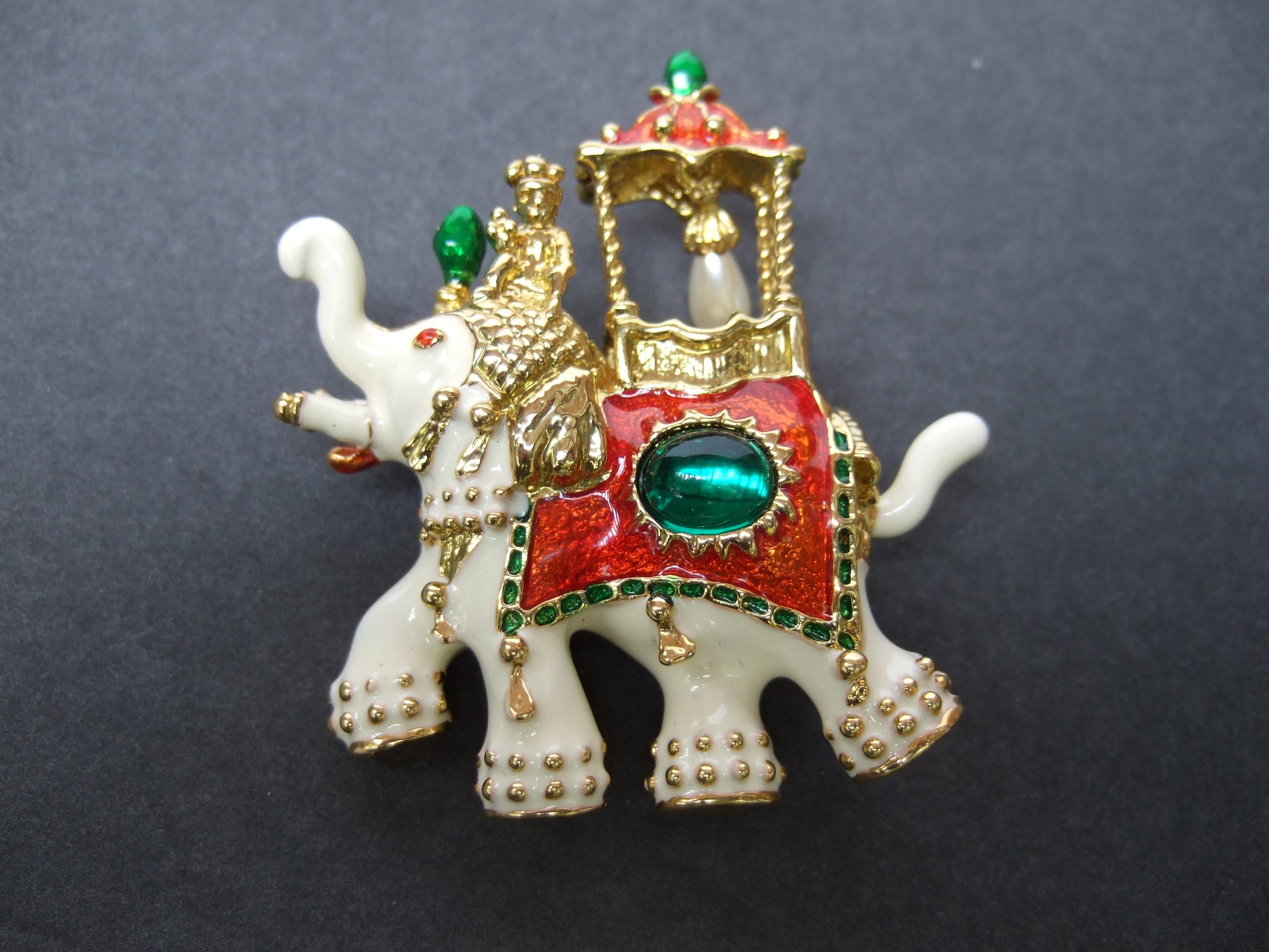 Exotic Gilt Metal Jeweled Enamel Elephant Brooch c 1990s For Sale 1