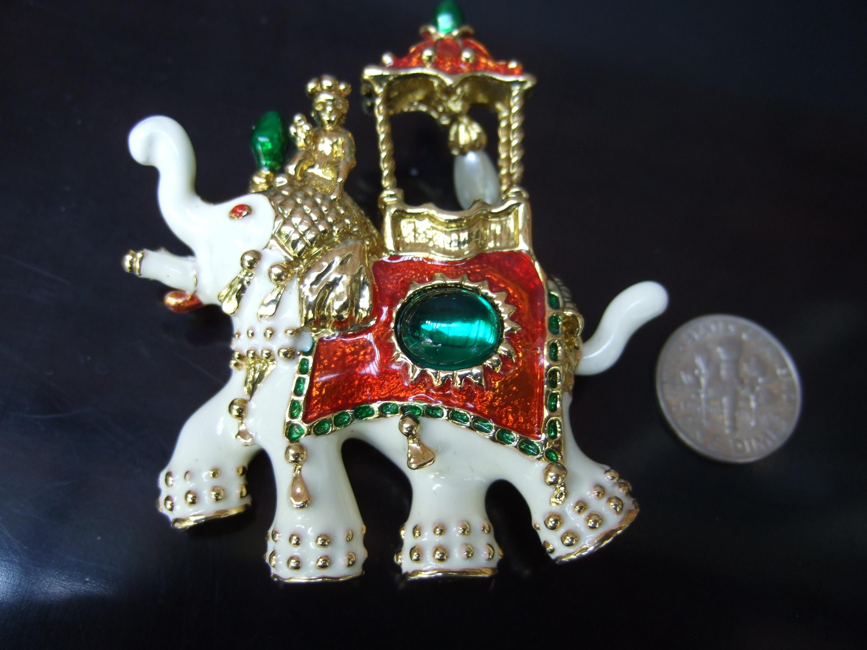 Exotic Gilt Metal Jeweled Enamel Elephant Brooch c 1990s For Sale 2