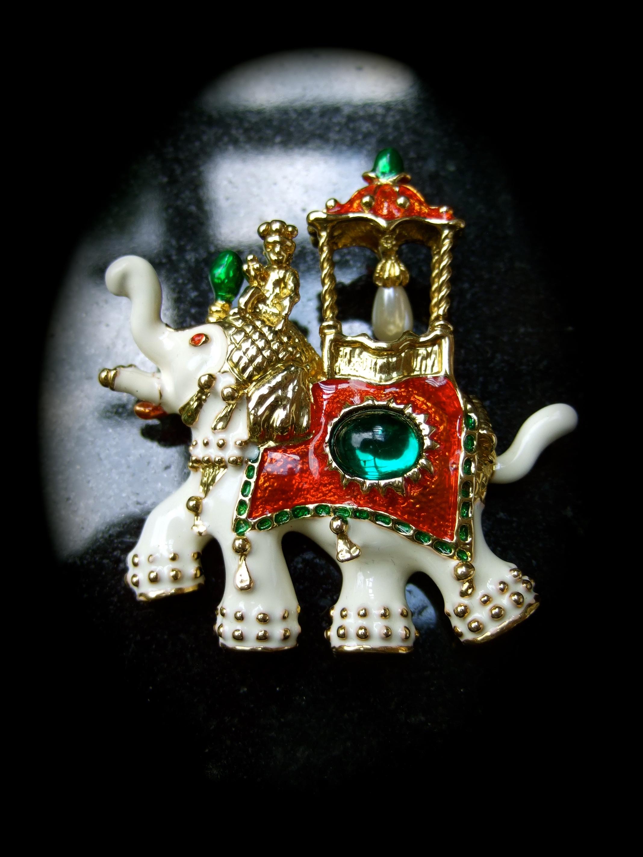 Exotic Gilt Metal Jeweled Enamel Elephant Brooch c 1990s For Sale 3