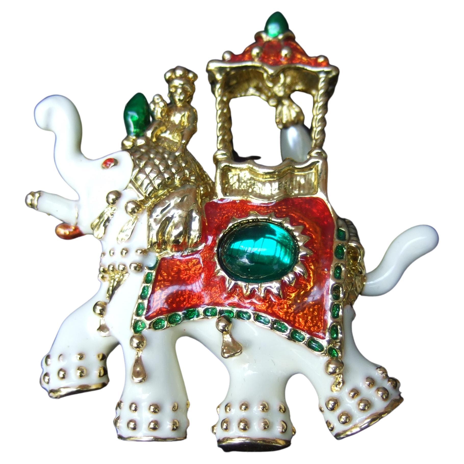 Exotic Gilt Metal Jeweled Enamel Elephant Brooch c 1990s For Sale 4