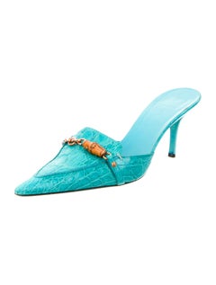 Gucci Exotic Skin Turquoise Aqua Skin Bamboo Chain Mules Kitten Heels Shoes