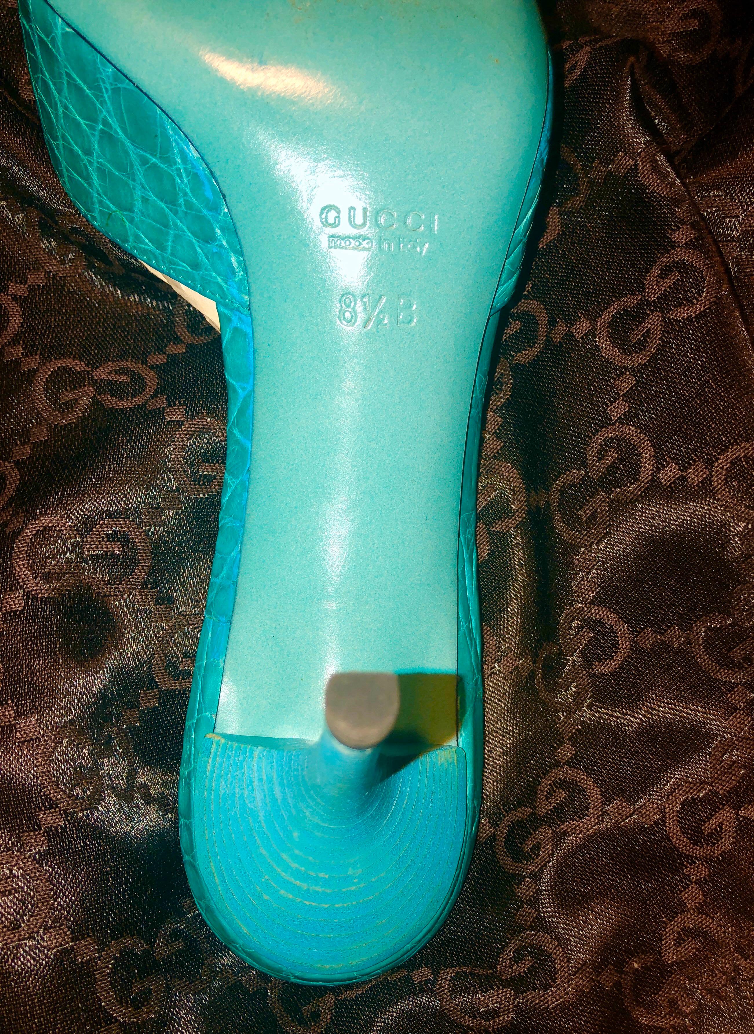 Blue Gucci Exotic Skin Turquoise Aqua Skin Bamboo Chain Mules Kitten Heels Shoes