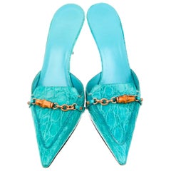 Gucci Exotic Skin Turquoise Aqua Skin Bamboo Chain Mules Kitten Heels Shoes