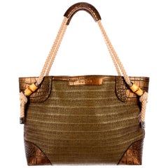 Retro UNWORN Gucci Woven Raffia Metallic Crocodile Trimming Shopper Shoulder Bag Tote