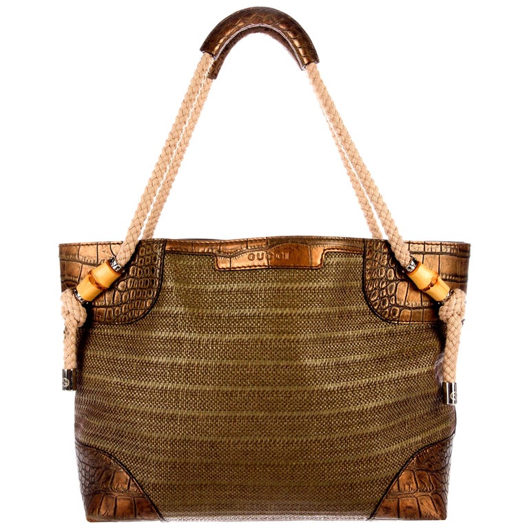 UNWORN Gucci Woven Raffia Metallic Crocodile Trimming Shopper Shoulder Bag Tote For Sale