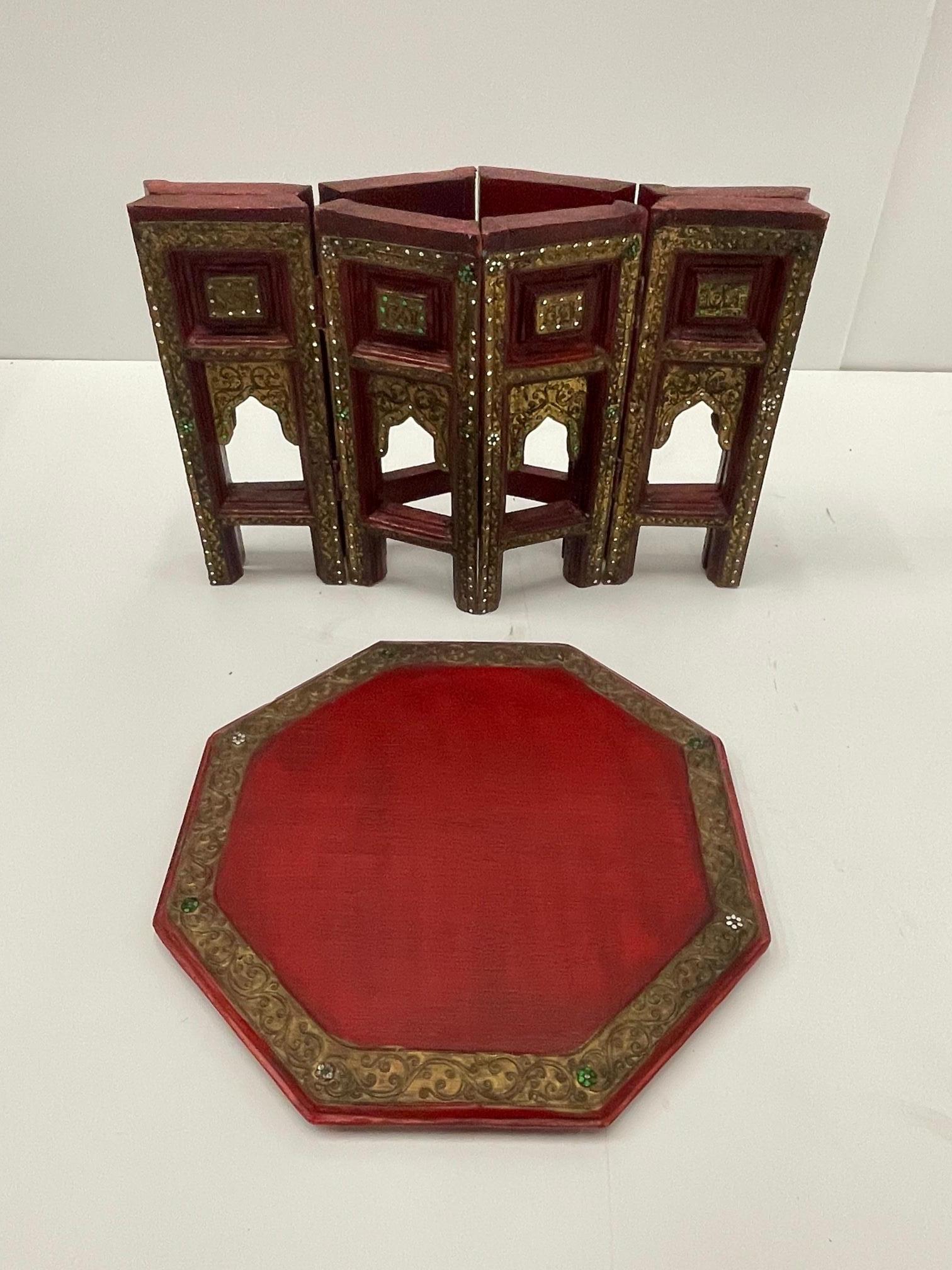 Exotic Hand Carved Red and Gilded Moroccan Side Table For Sale 3