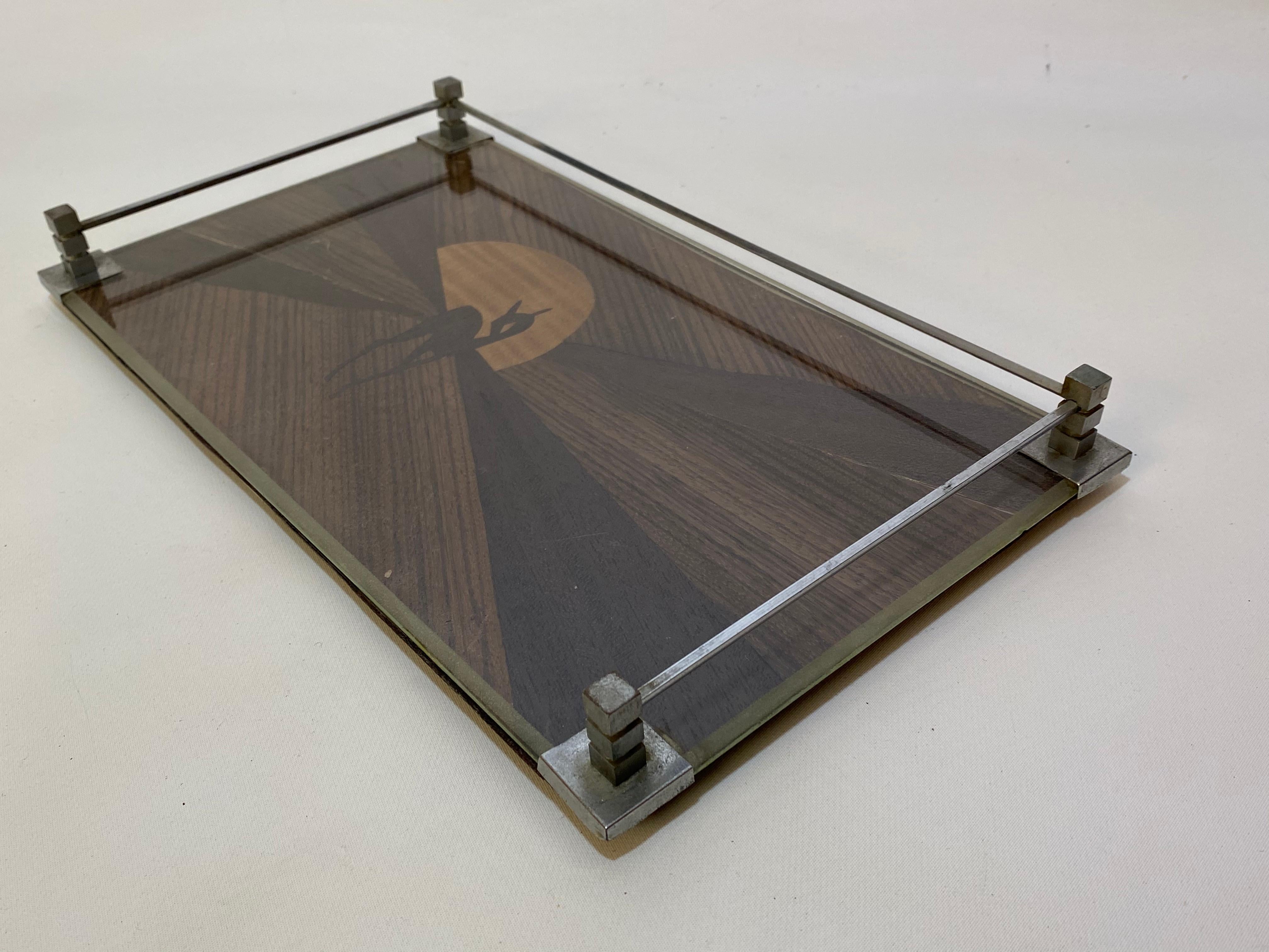 American Exotic Hardwood Inlaid Glass and Nickel Art Deco Tray with Faun