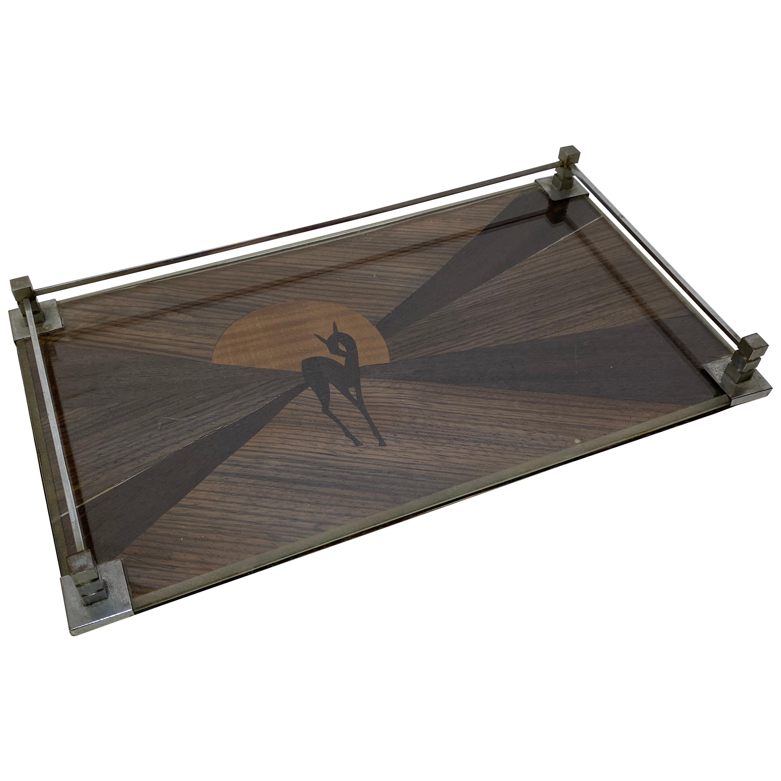 Exotic Hardwood Inlaid Glass and Nickel Art Deco Tray with Faun
