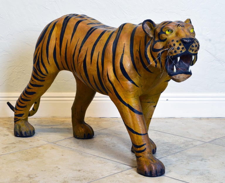 Vintage MCM Large Leather Wrapped Big Cat Tiger Statue Figure Decor