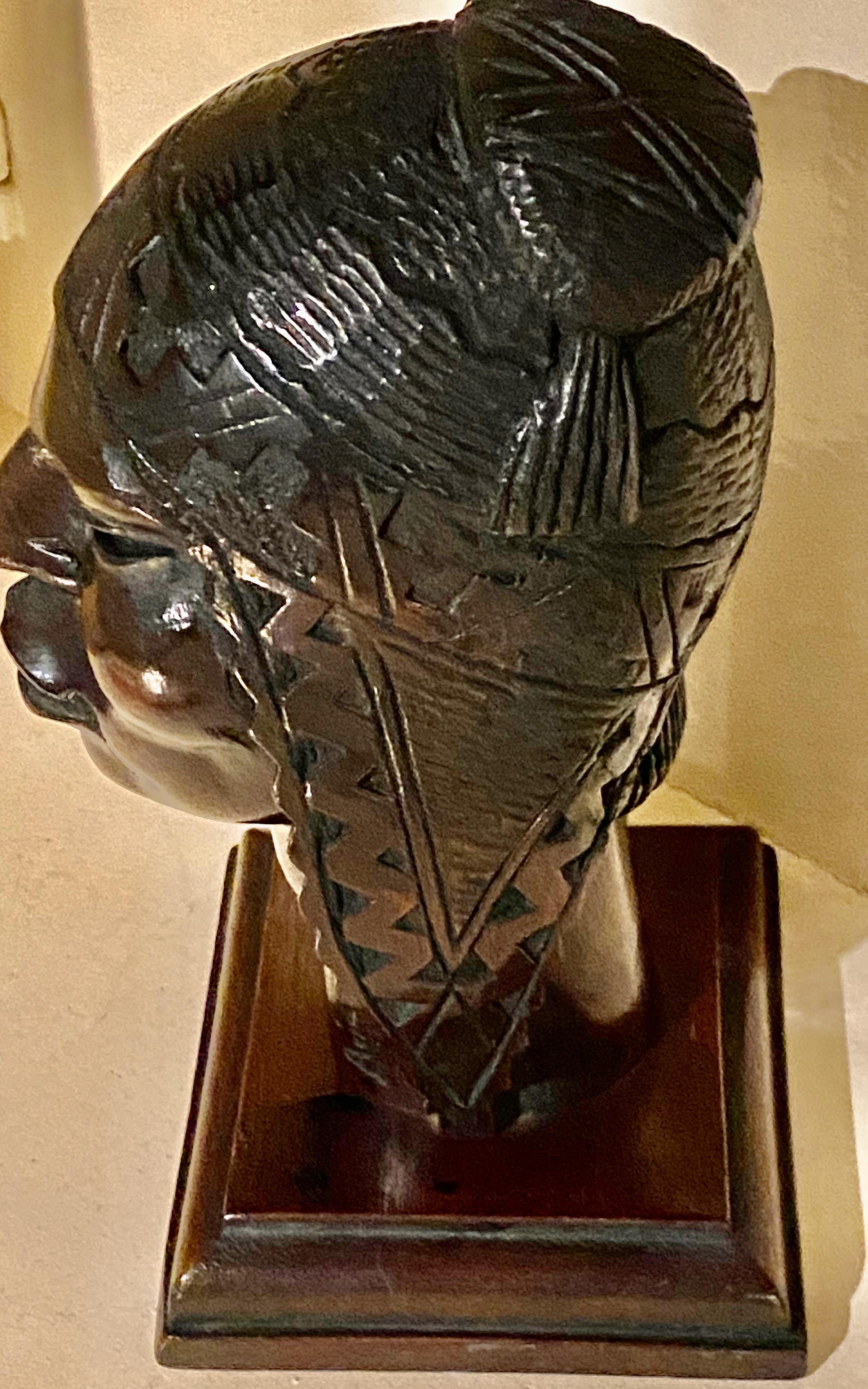 Ecuadorean Exotic Indian Art Deco Sculpted Head in Wood by Arias For Sale