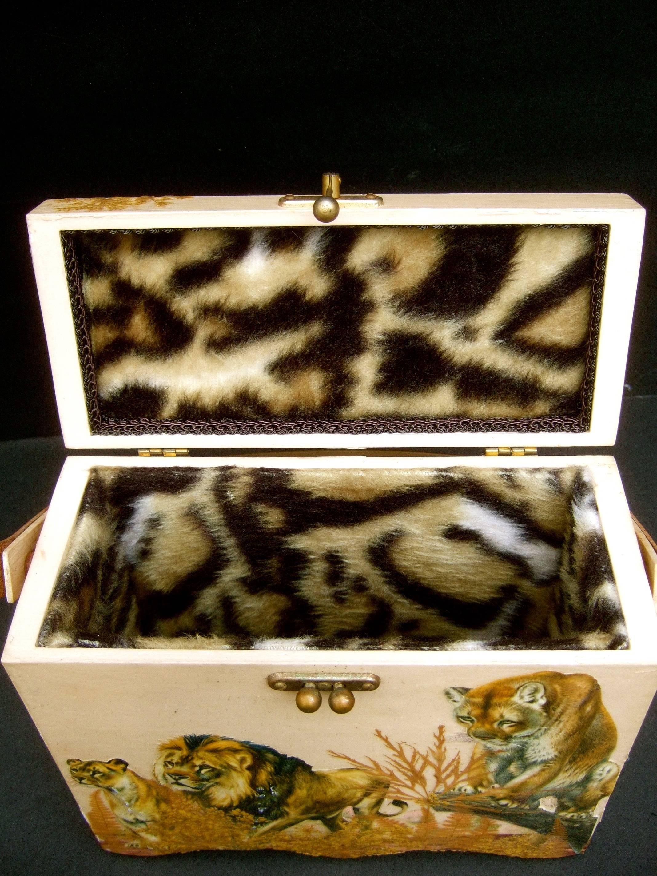 Women's Exotic Jungle Safari Wood Decoupage Box Purse, circa 1970s
