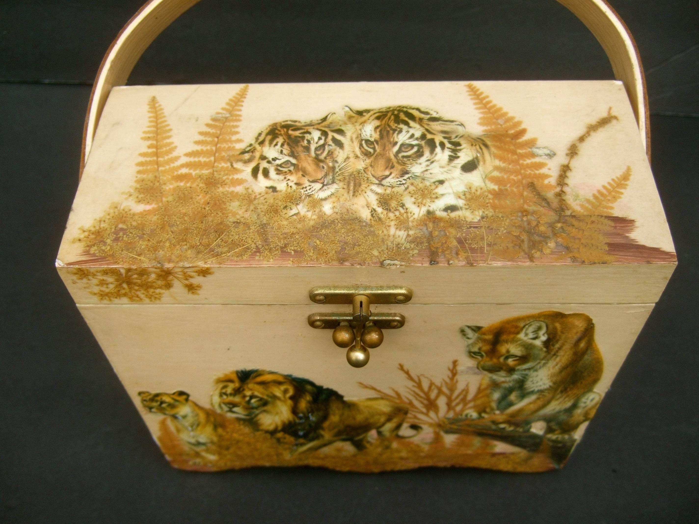 Exotic Jungle Safari Wood Decoupage Box Purse, circa 1970s 2