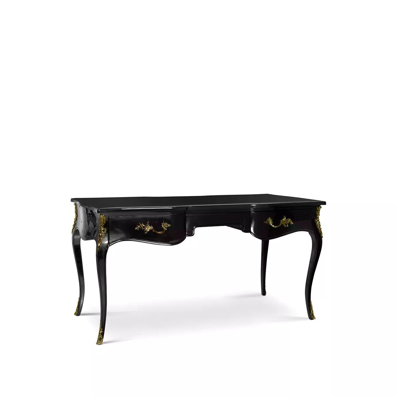 Classic design meets exotic opulence. French cabriole legs and exquisite metal ormolu support an exuberant lacquered surface.

Materials & Finishes: 
Structure: Black Lacquer (High Gloss Finish)
Top: Black Lacquer and Clear Glass
Ormolu Accents: