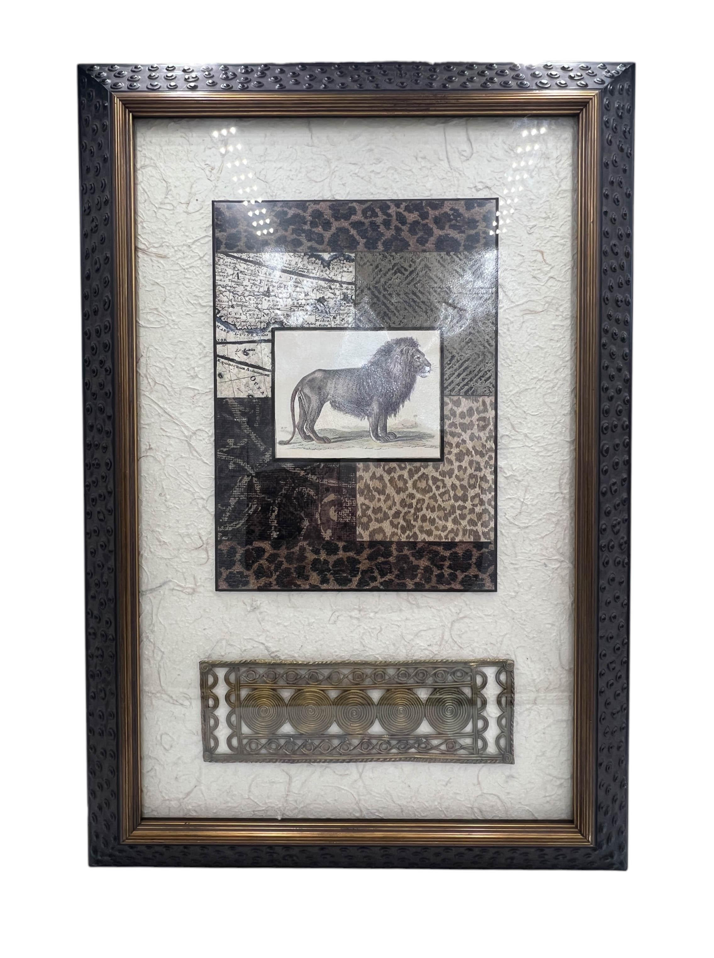 A  mixed media collage by design house JOHN RICHARD. This piece combines elements of nature, featuring a depiction of a lion crafted on bark paper. The collage is encased behind glass and  framed in an ostrich-style frame made of bone. Using mixed