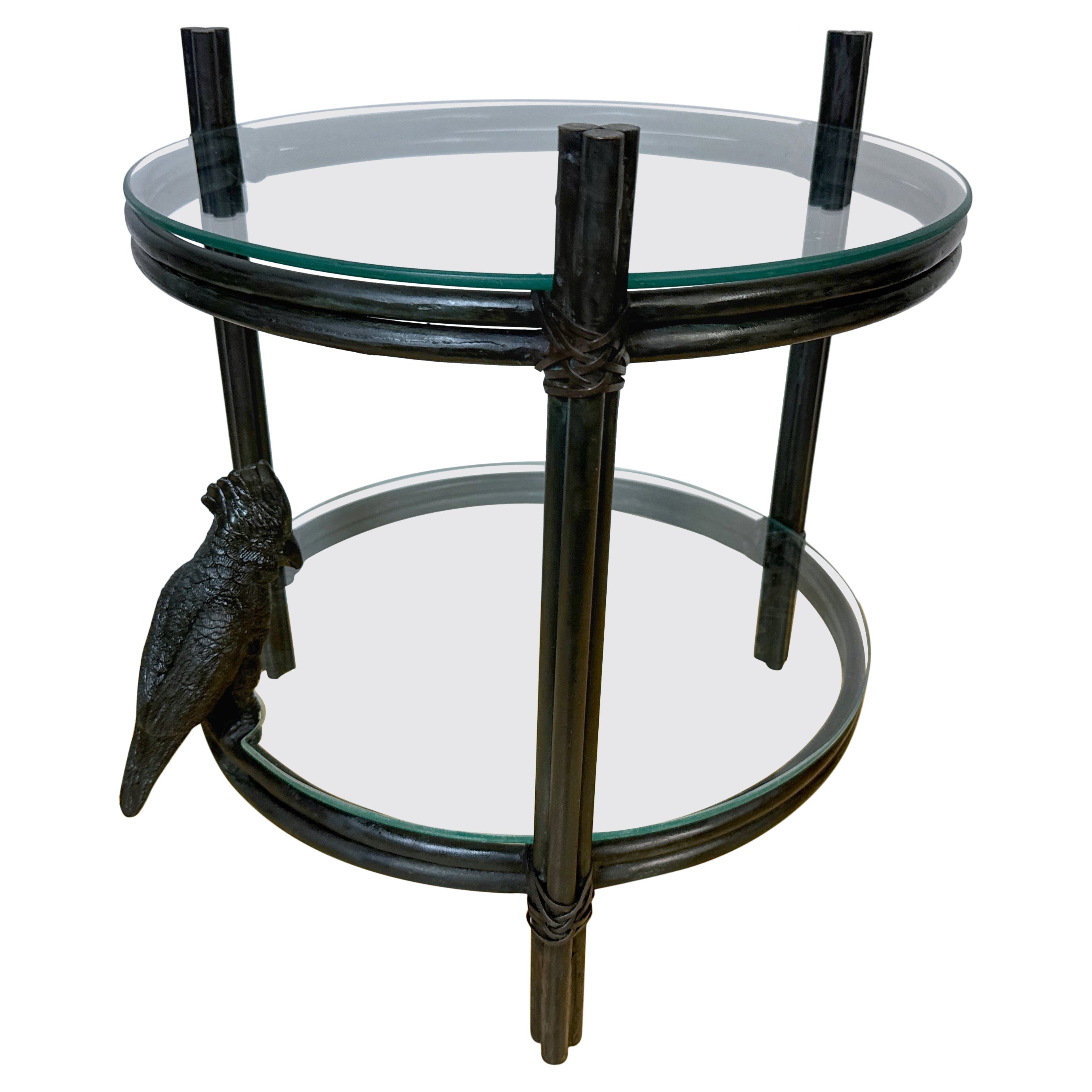 Exotic Modern Bronze & Glass Two-Tier Drinks/Side Table with Perched Parrot