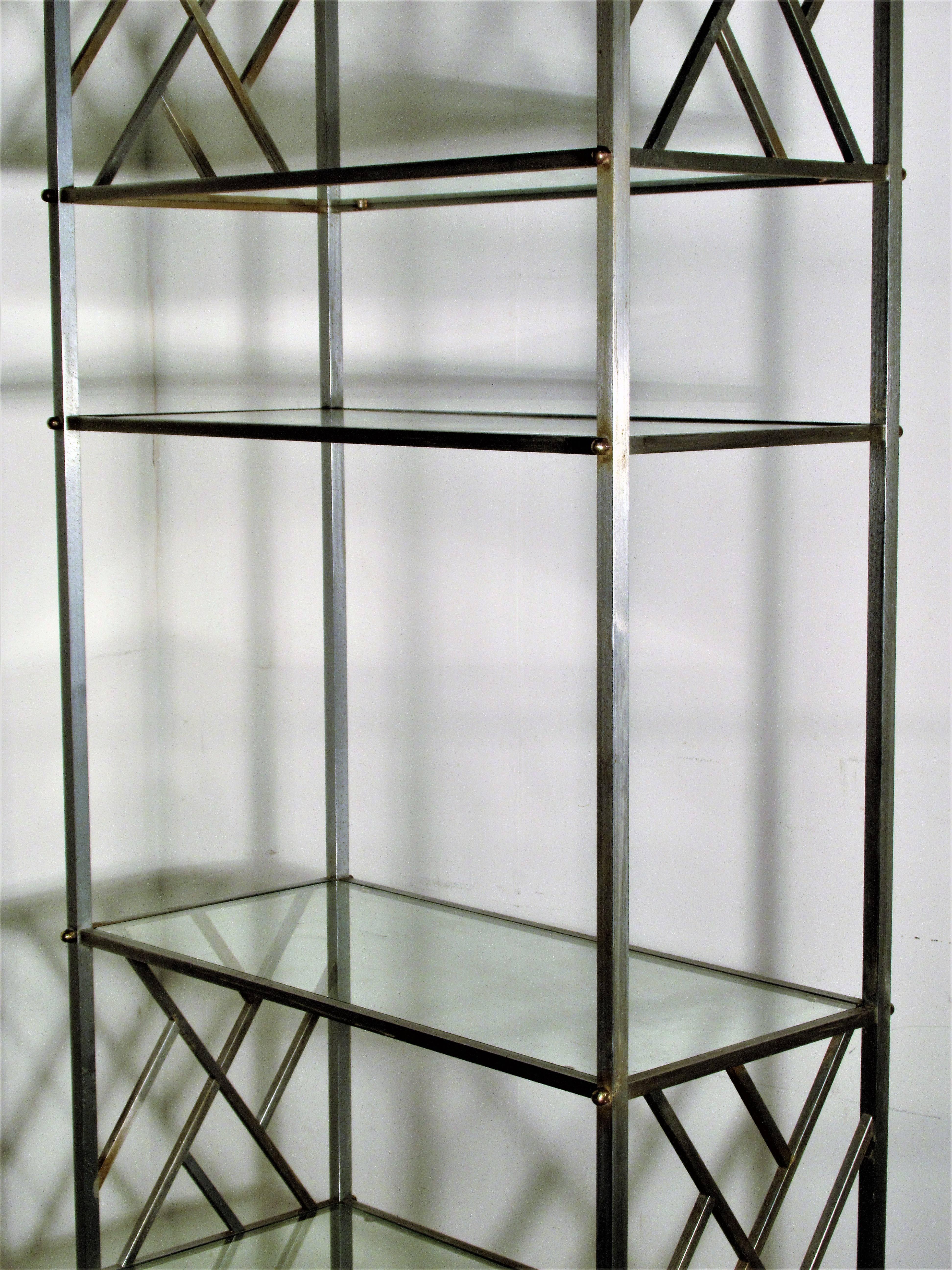 20th Century  Neoclassical Brushed Steel and Bronze Étagère Attributed to Maison Jansen