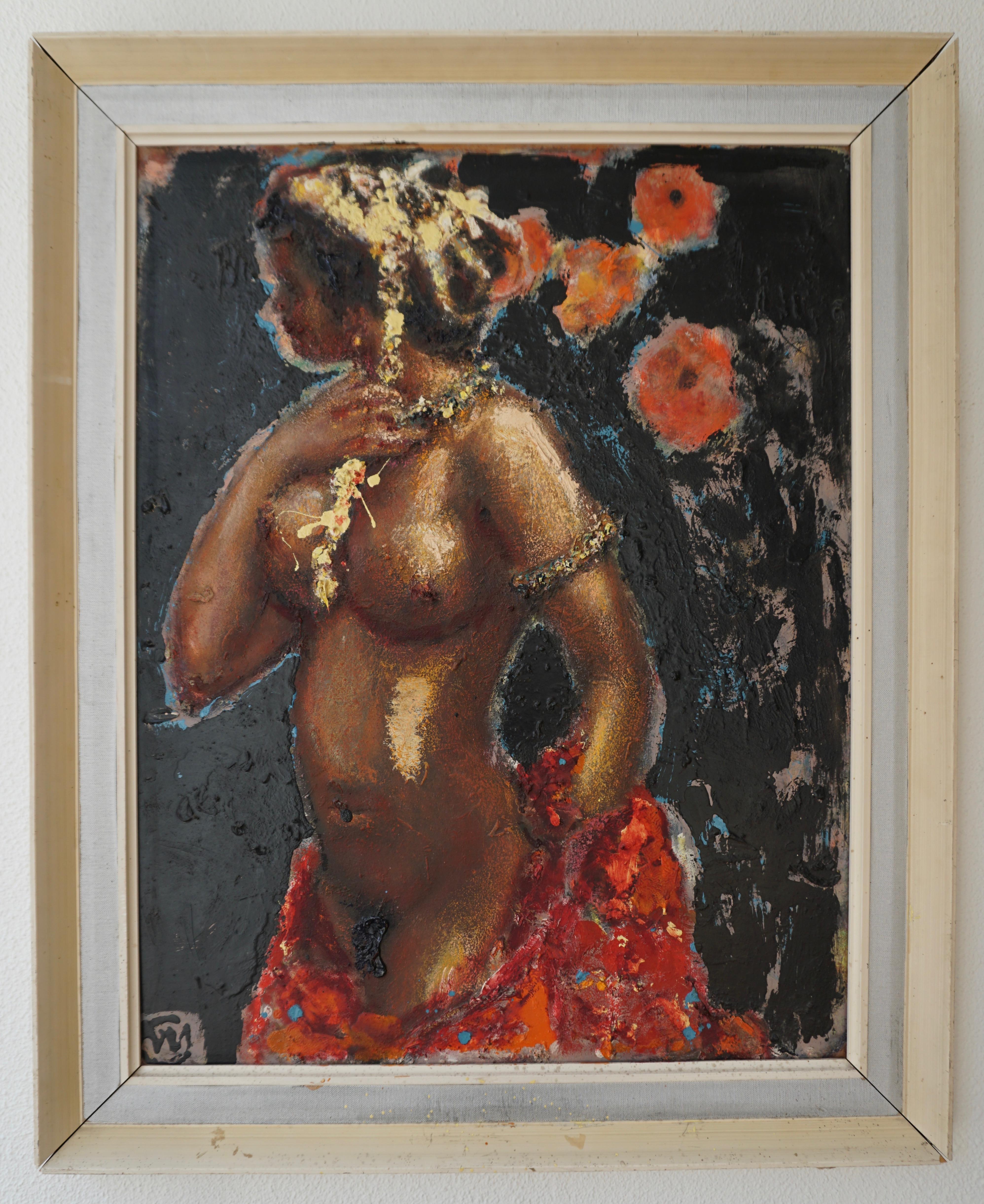 A large scale of a nude exotic woman.
Possibly an Indonesian woman because of the colonial past of the Netherlands with Indonesia.
Oil on hardboard signed Gerard Westerman, 1880-1971.

Gerardus Bernardus Josephus Westermann Leeuwarden, December