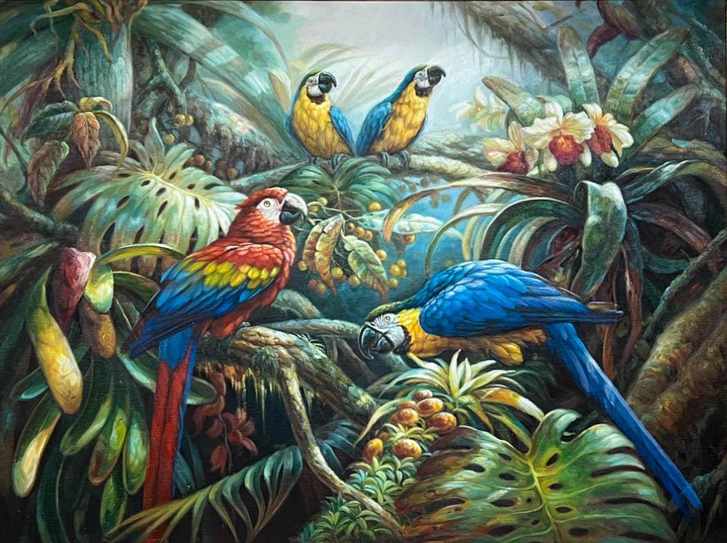 An Oil on Canvas Painting that beautifully captures the essence of four magnificent macaws in their lush tropical jungle habitat. This stunning artwork is showcased within a gorgeous wooden frame.

The artist has skillfully rendered these brilliant